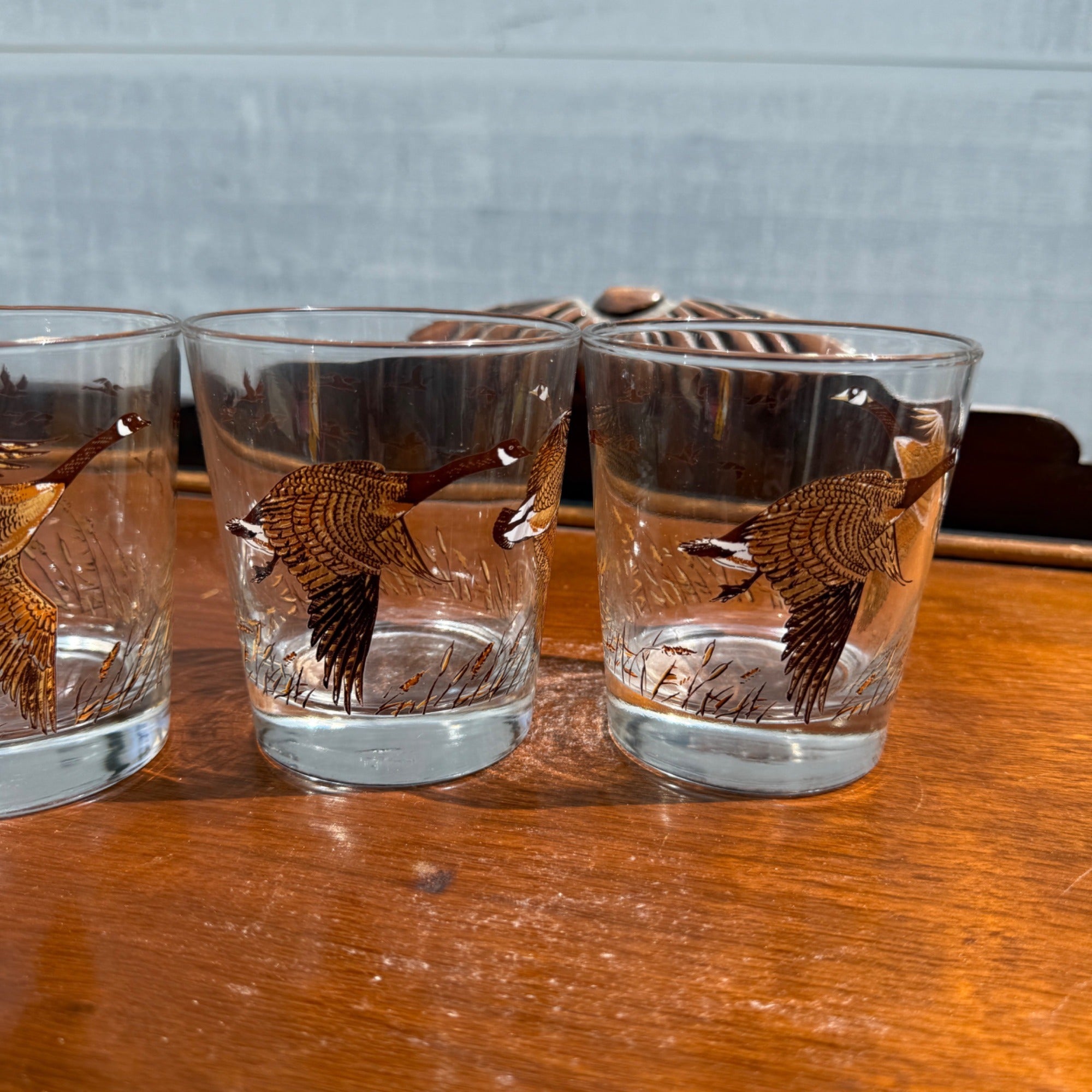 Vintage (4) Libbey Flight of Geese Hunting Marsh Low Ball Rock Cocktail Glass Lot of 4