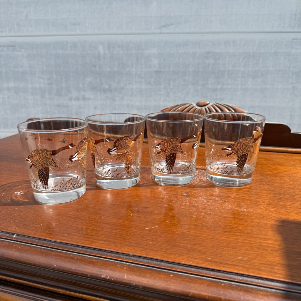 Vintage (4) Libbey Flight of Geese Hunting Marsh Low Ball Rock Cocktail Glass Lot of 4