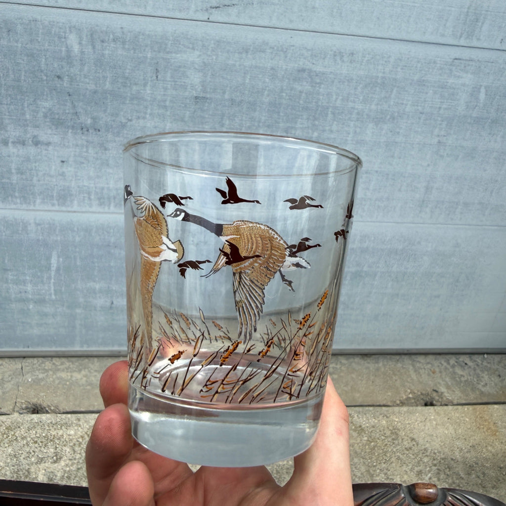 Vintage (4) Libbey Flight of Geese Hunting Marsh Low Ball Rock Cocktail Glass Lot of 4