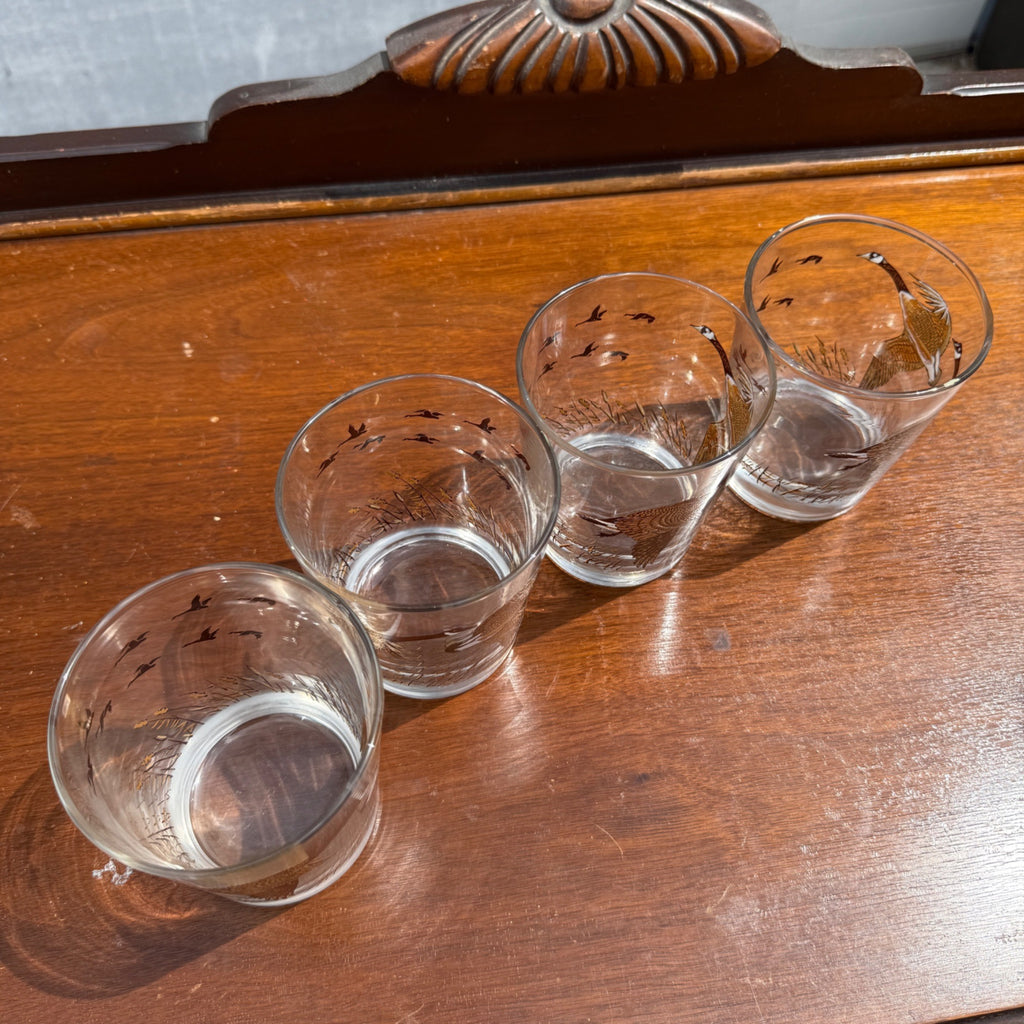 Vintage (4) Libbey Flight of Geese Hunting Marsh Low Ball Rock Cocktail Glass Lot of 4