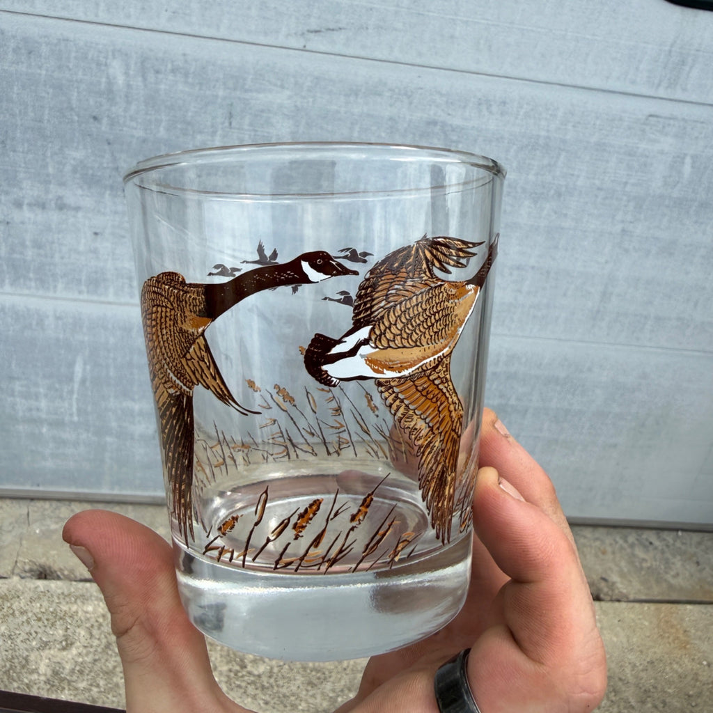 Vintage (4) Libbey Flight of Geese Hunting Marsh Low Ball Rock Cocktail Glass Lot of 4