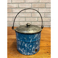 Antique Primitive Blue and White Swirl Enamel Graniteware Berry Bucket / Lunch Pail Lidded Farmhouse Decor