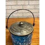 Antique Primitive Blue and White Swirl Enamel Graniteware Berry Bucket / Lunch Pail Lidded Farmhouse Decor