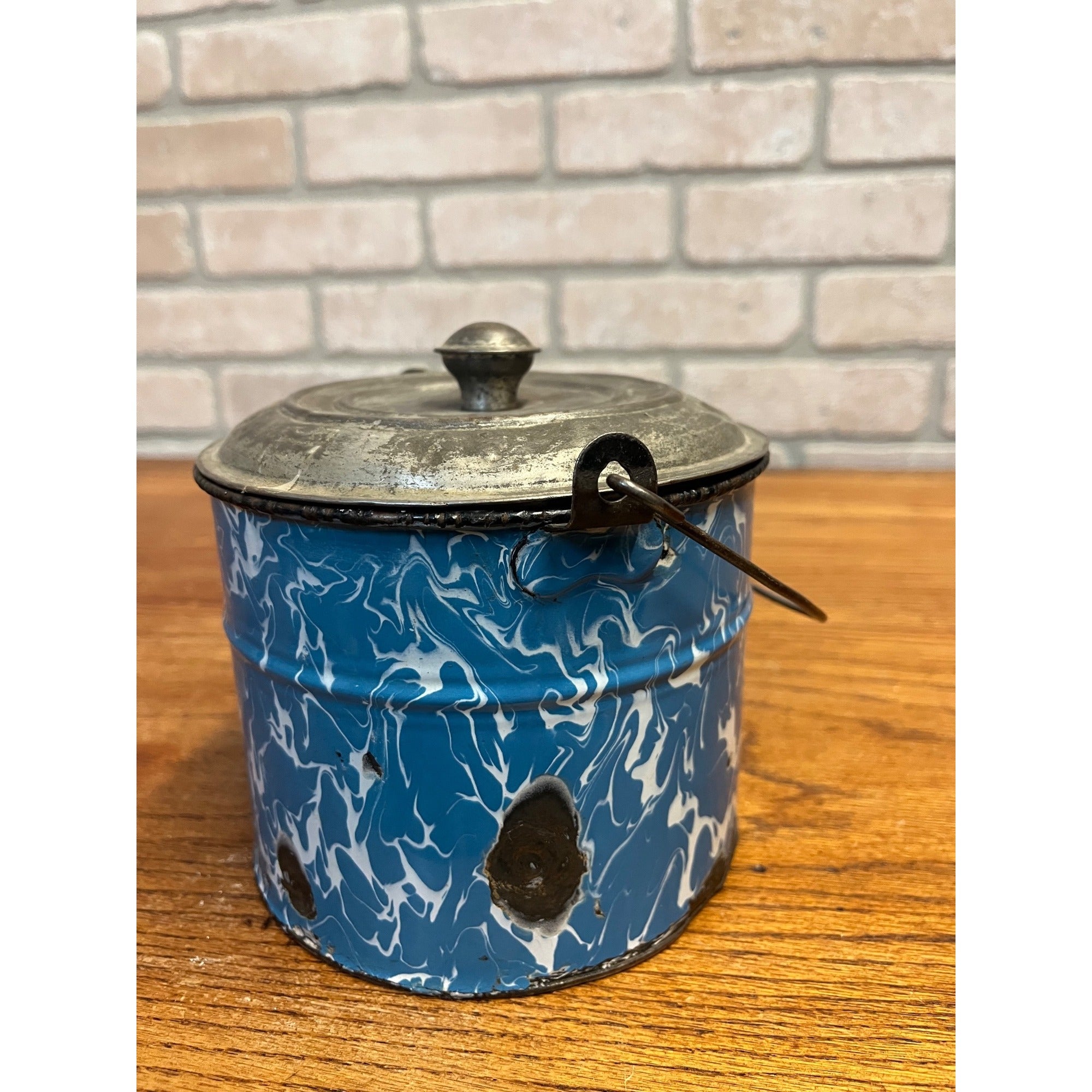 Antique Primitive Blue and White Swirl Enamel Graniteware Berry Bucket / Lunch Pail Lidded Farmhouse Decor
