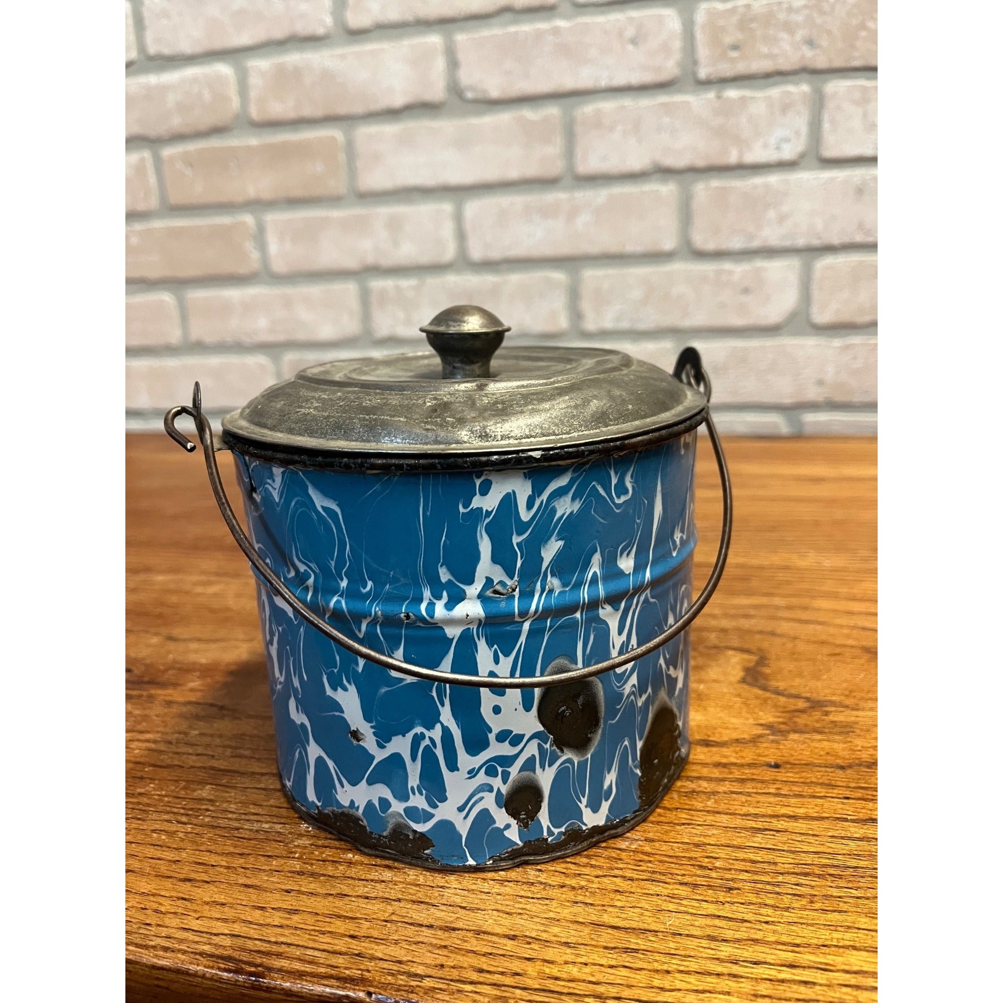 Antique Primitive Blue and White Swirl Enamel Graniteware Berry Bucket / Lunch Pail Lidded Farmhouse Decor