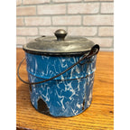 Antique Primitive Blue and White Swirl Enamel Graniteware Berry Bucket / Lunch Pail Lidded Farmhouse Decor