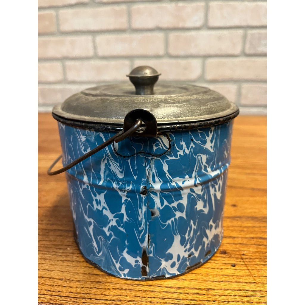 Antique Primitive Blue and White Swirl Enamel Graniteware Berry Bucket / Lunch Pail Lidded Farmhouse Decor