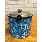 Antique Primitive Blue and White Swirl Enamel Graniteware Berry Bucket / Lunch Pail Lidded Farmhouse Decor