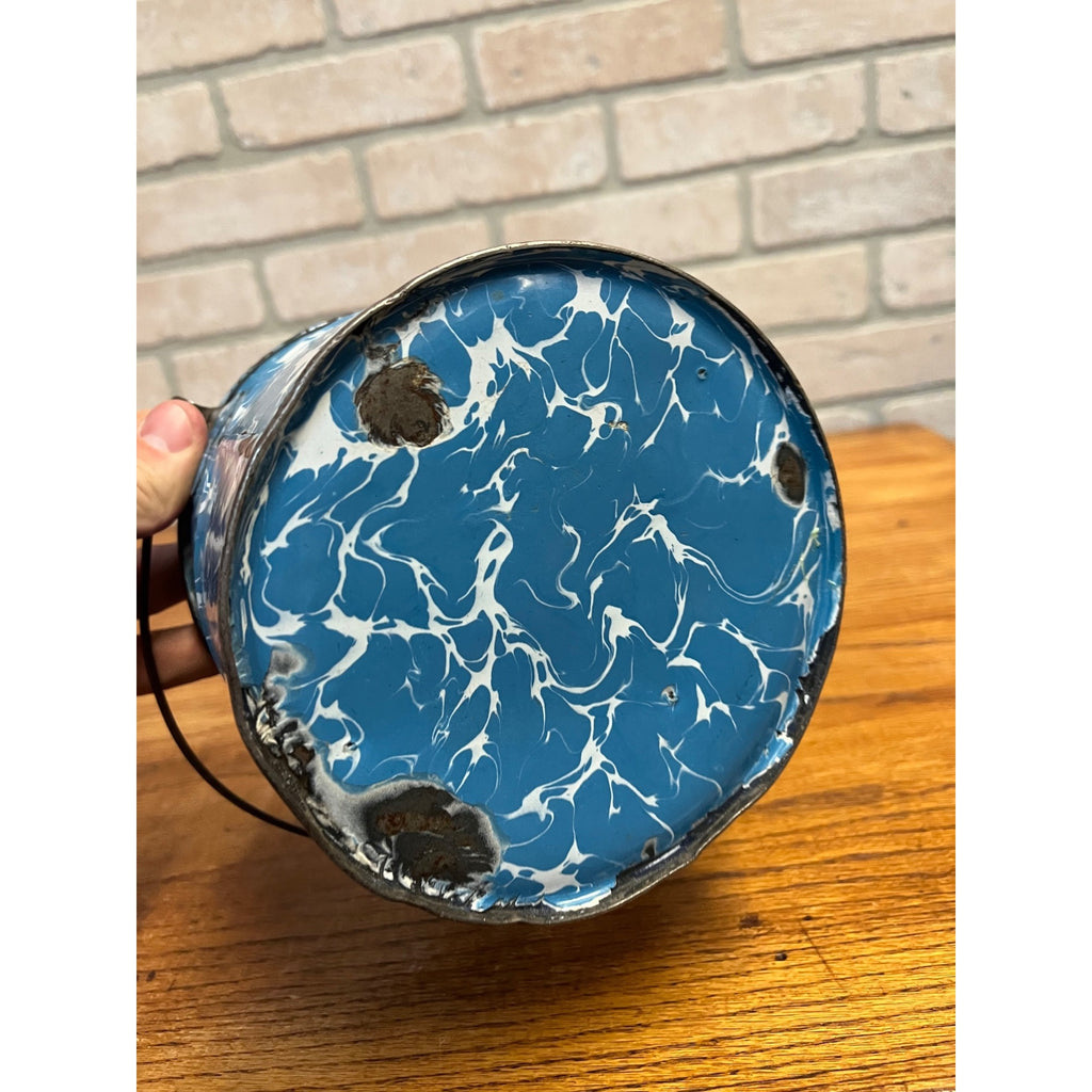 Antique Primitive Blue and White Swirl Enamel Graniteware Berry Bucket / Lunch Pail Lidded Farmhouse Decor