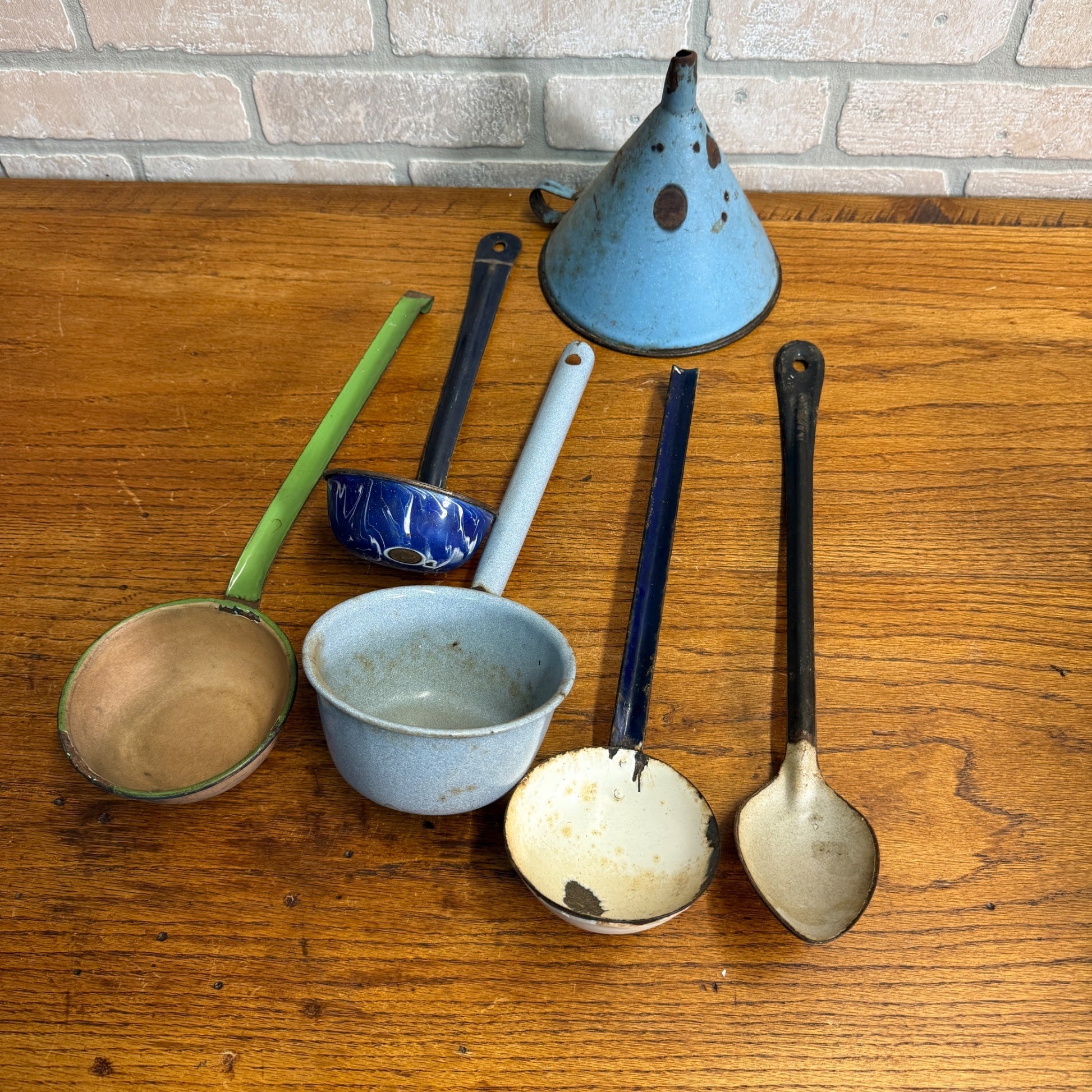 Vintage Enamelware Kitchen Lot Spoons Ladles Blue Utensils Funnel