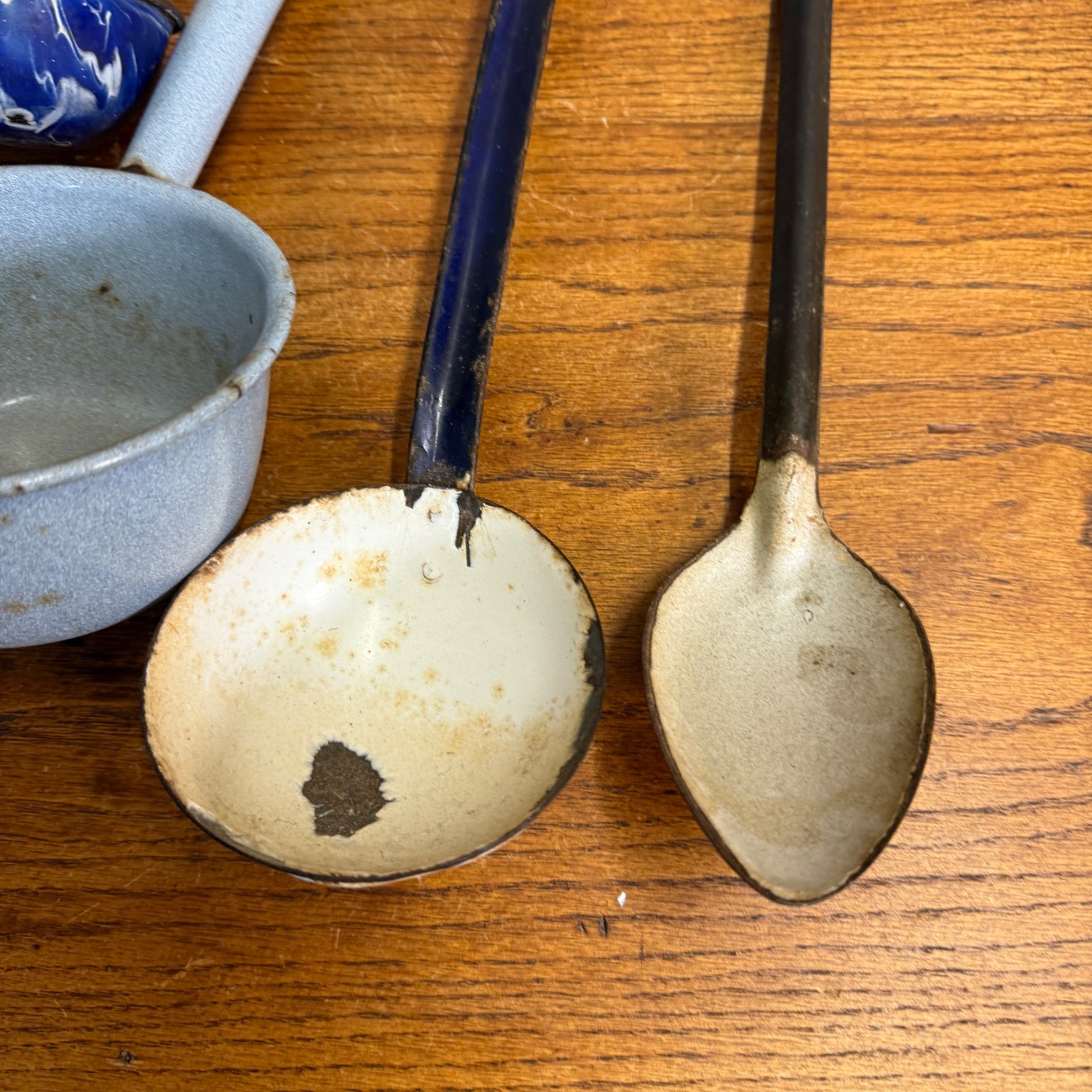 Vintage Enamelware Kitchen Lot Spoons Ladles Blue Utensils Funnel