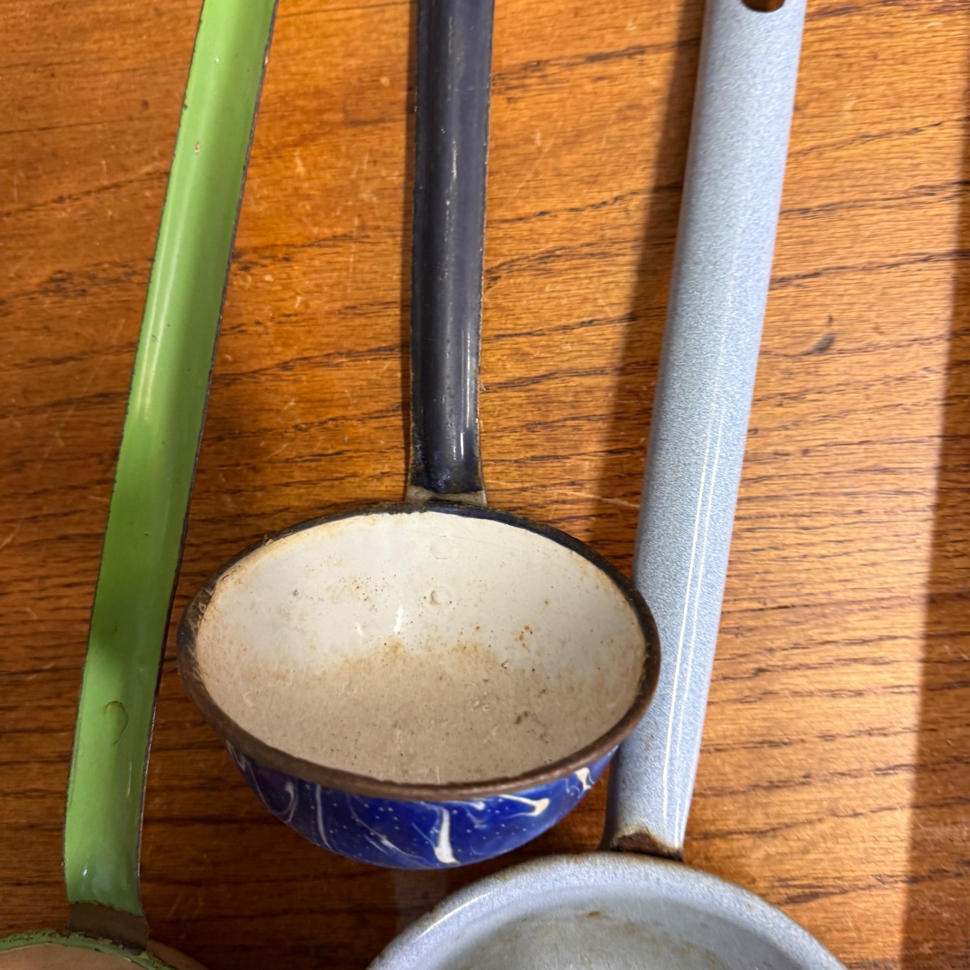 Vintage Enamelware Kitchen Lot Spoons Ladles Blue Utensils Funnel