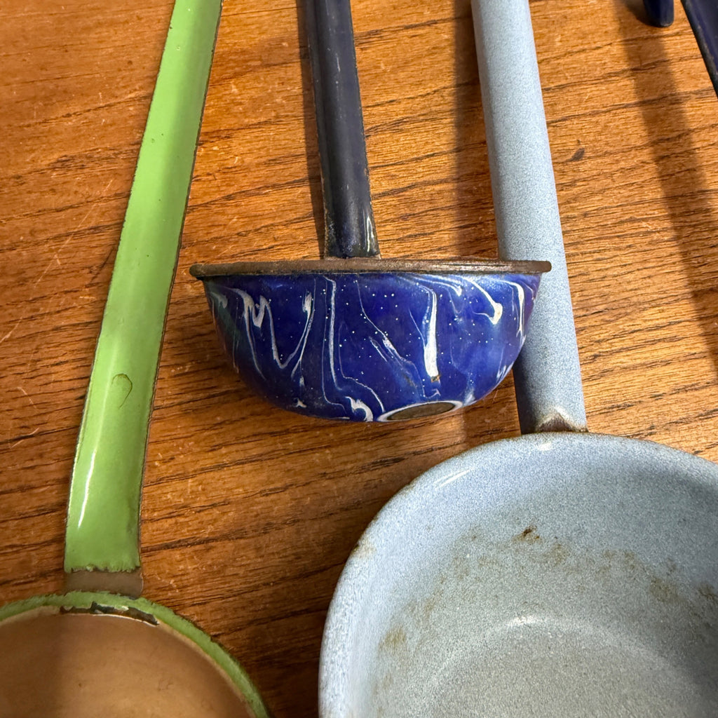 Vintage Enamelware Kitchen Lot Spoons Ladles Blue Utensils Funnel