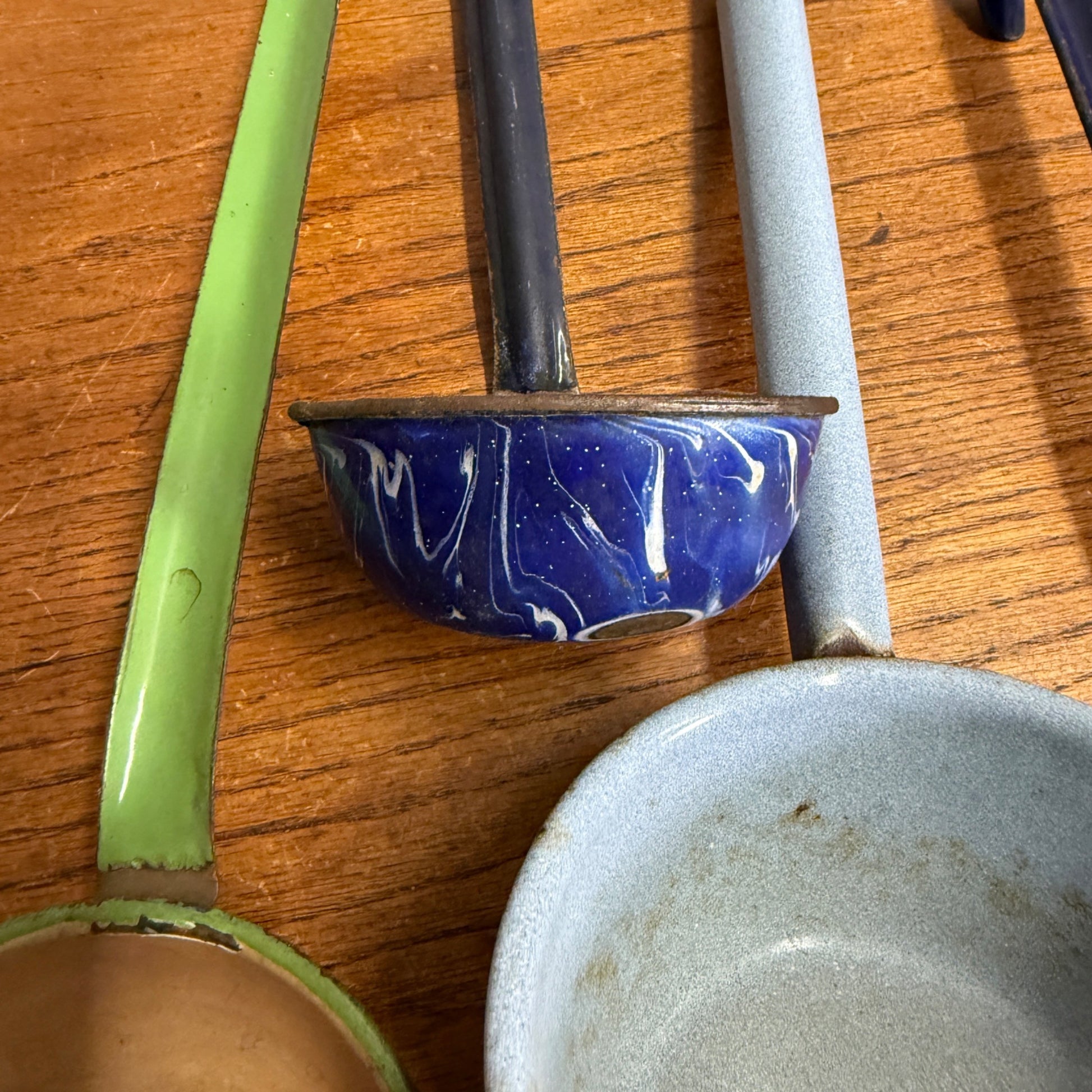 Vintage Enamelware Kitchen Lot Spoons Ladles Blue Utensils Funnel