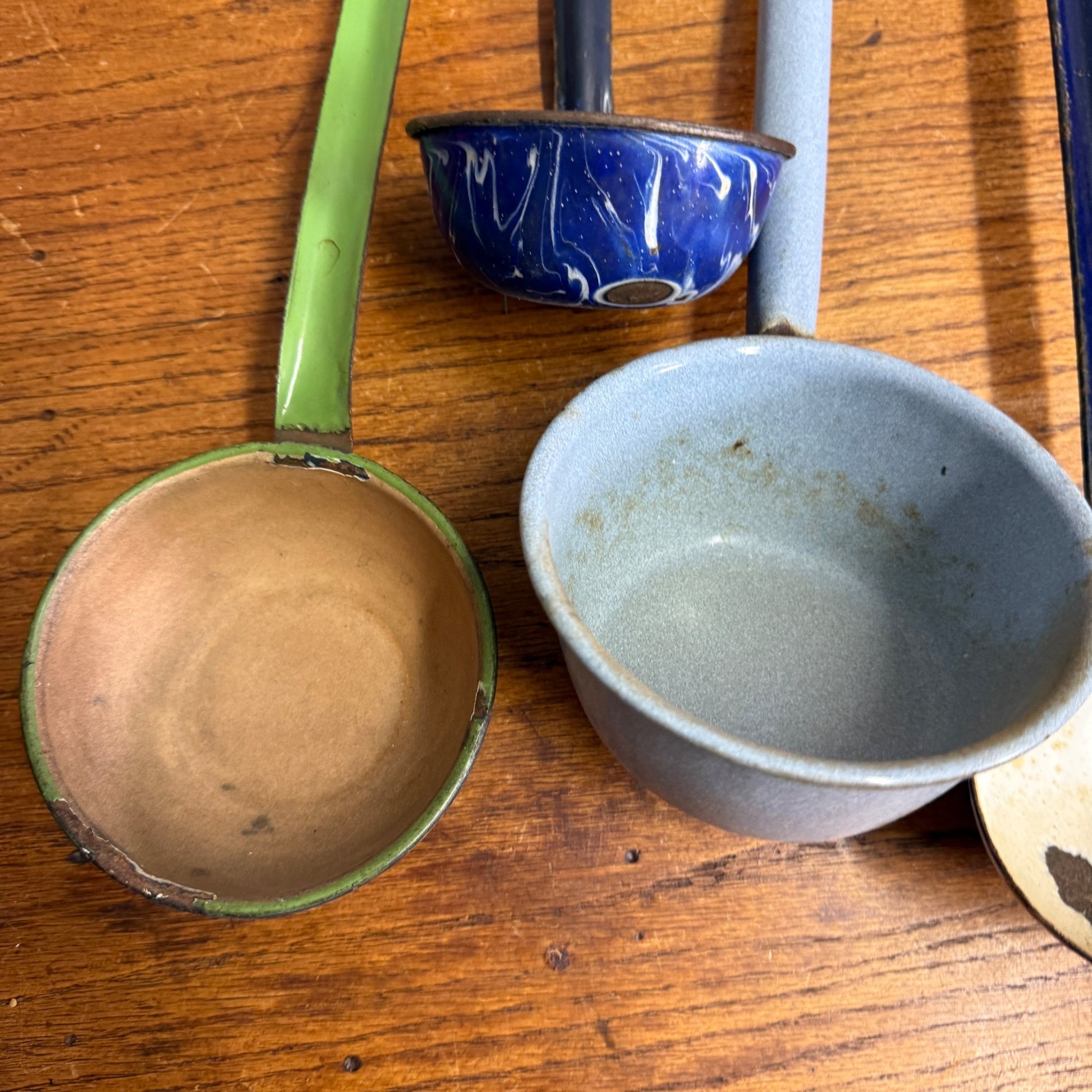 Vintage Enamelware Kitchen Lot Spoons Ladles Blue Utensils Funnel