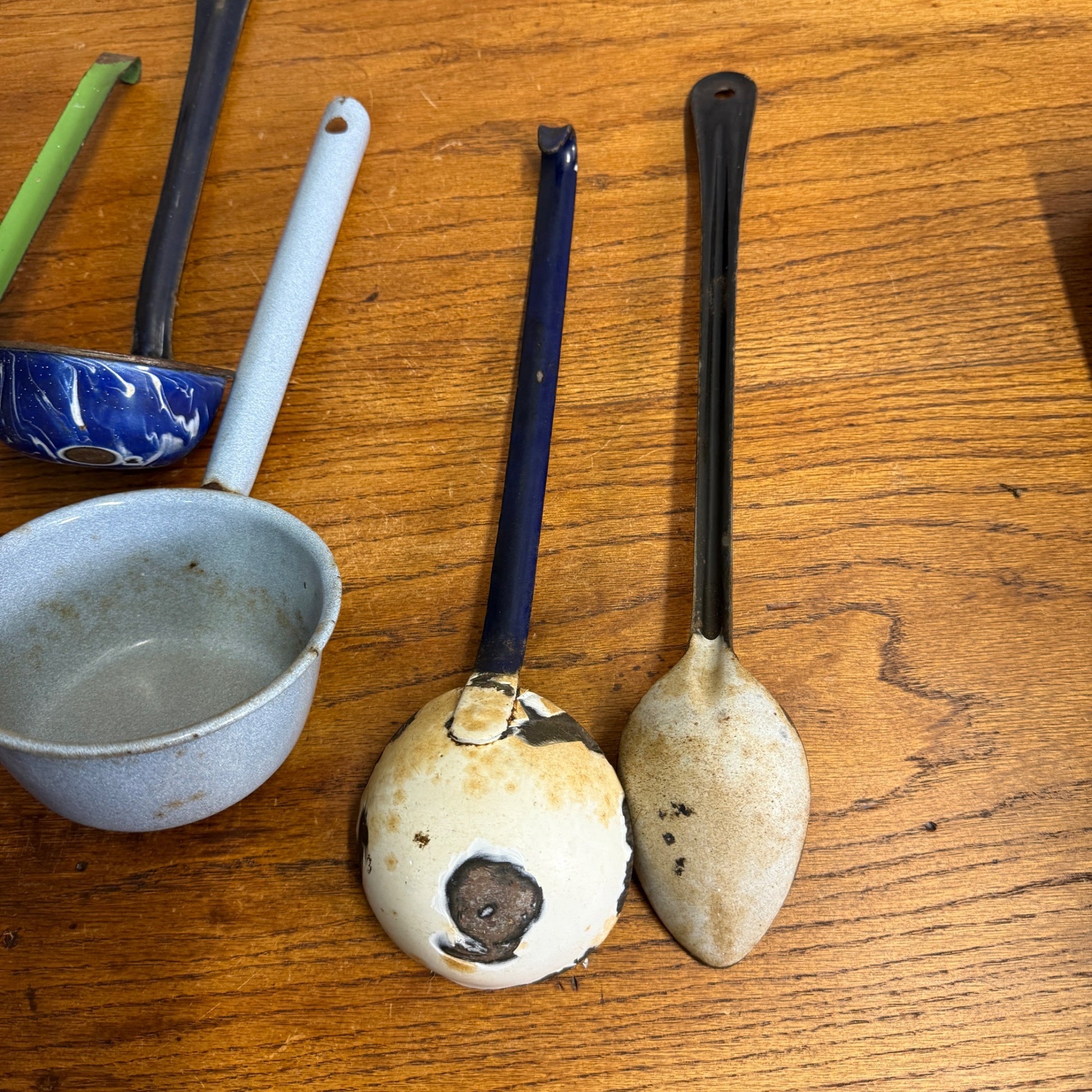 Vintage Enamelware Kitchen Lot Spoons Ladles Blue Utensils Funnel