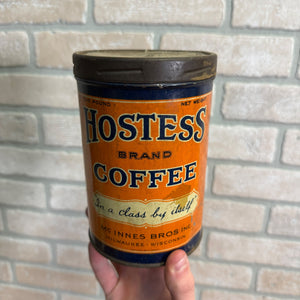 Antique Vintage Hostess Coffee Tin Can Mc innes Bros Milwaukee Wisconsin One lb.