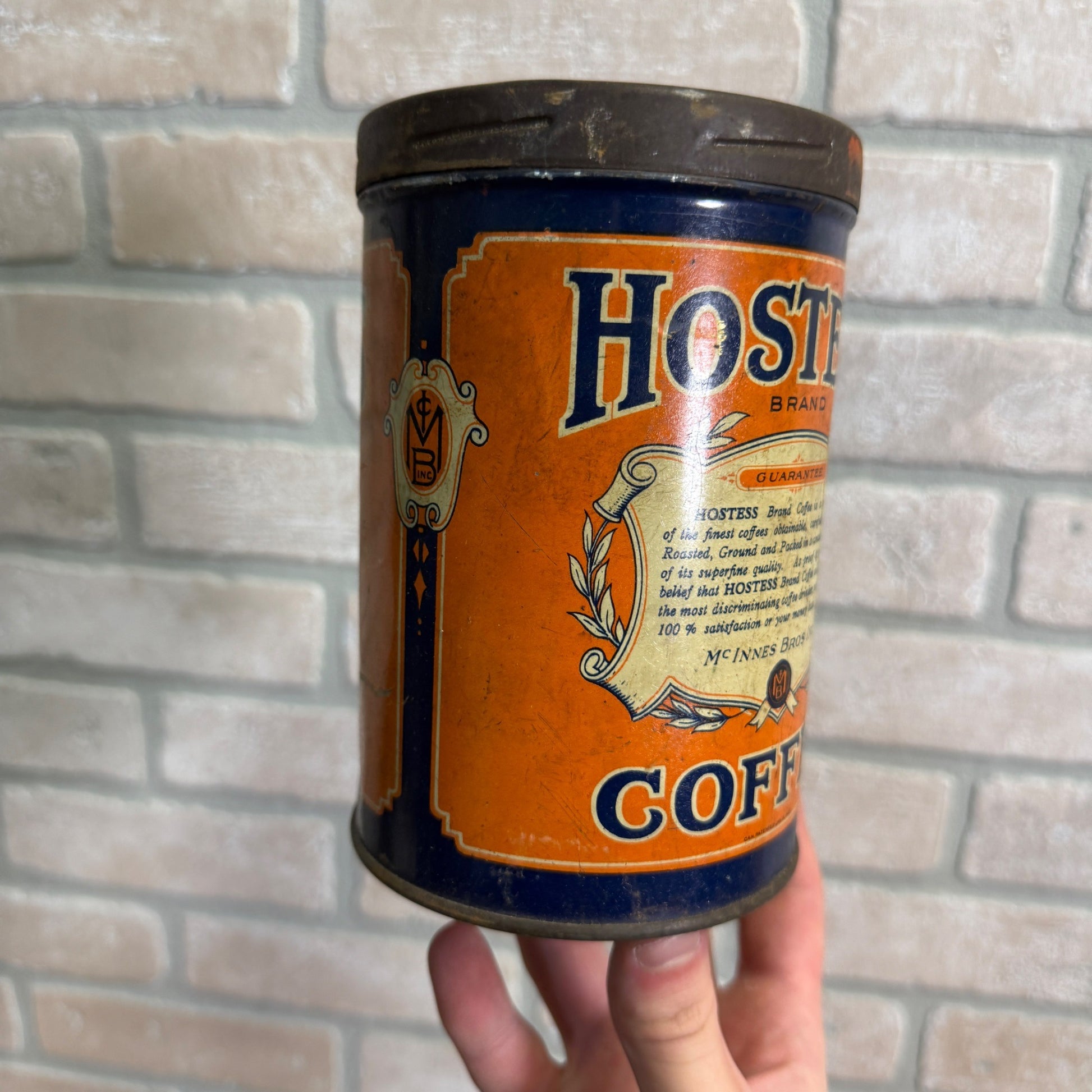 Antique Vintage Hostess Coffee Tin Can Mc innes Bros Milwaukee Wisconsin One lb.