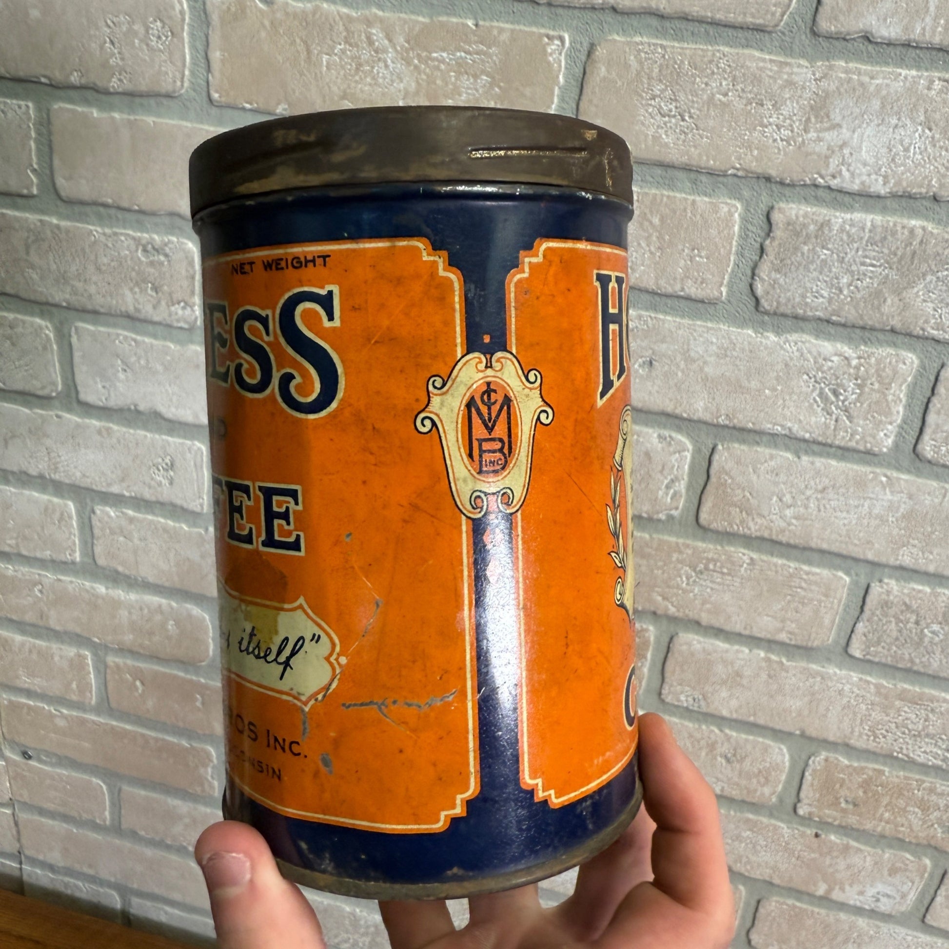 Antique Vintage Hostess Coffee Tin Can Mc innes Bros Milwaukee Wisconsin One lb.