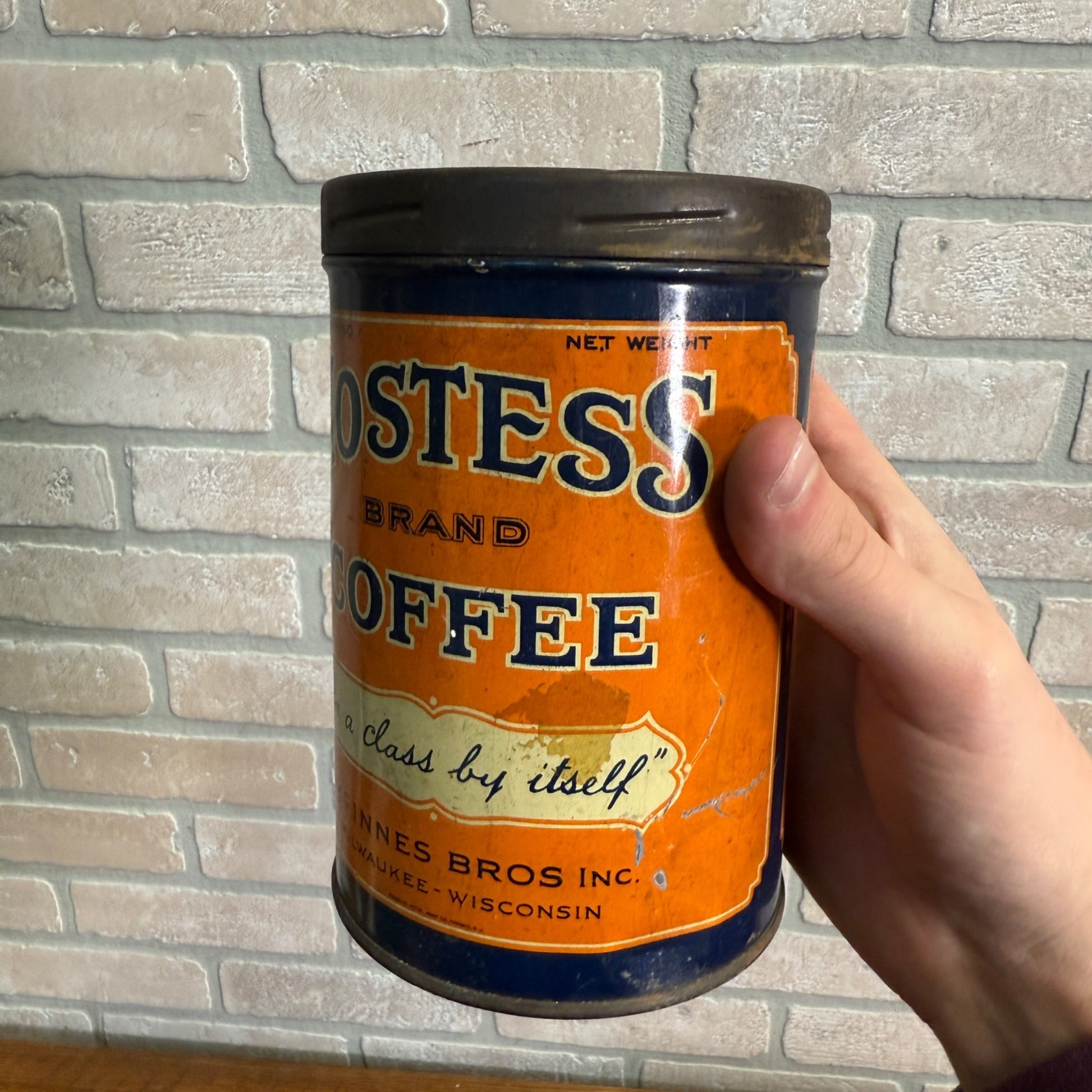 Antique Vintage Hostess Coffee Tin Can Mc innes Bros Milwaukee Wisconsin One lb.