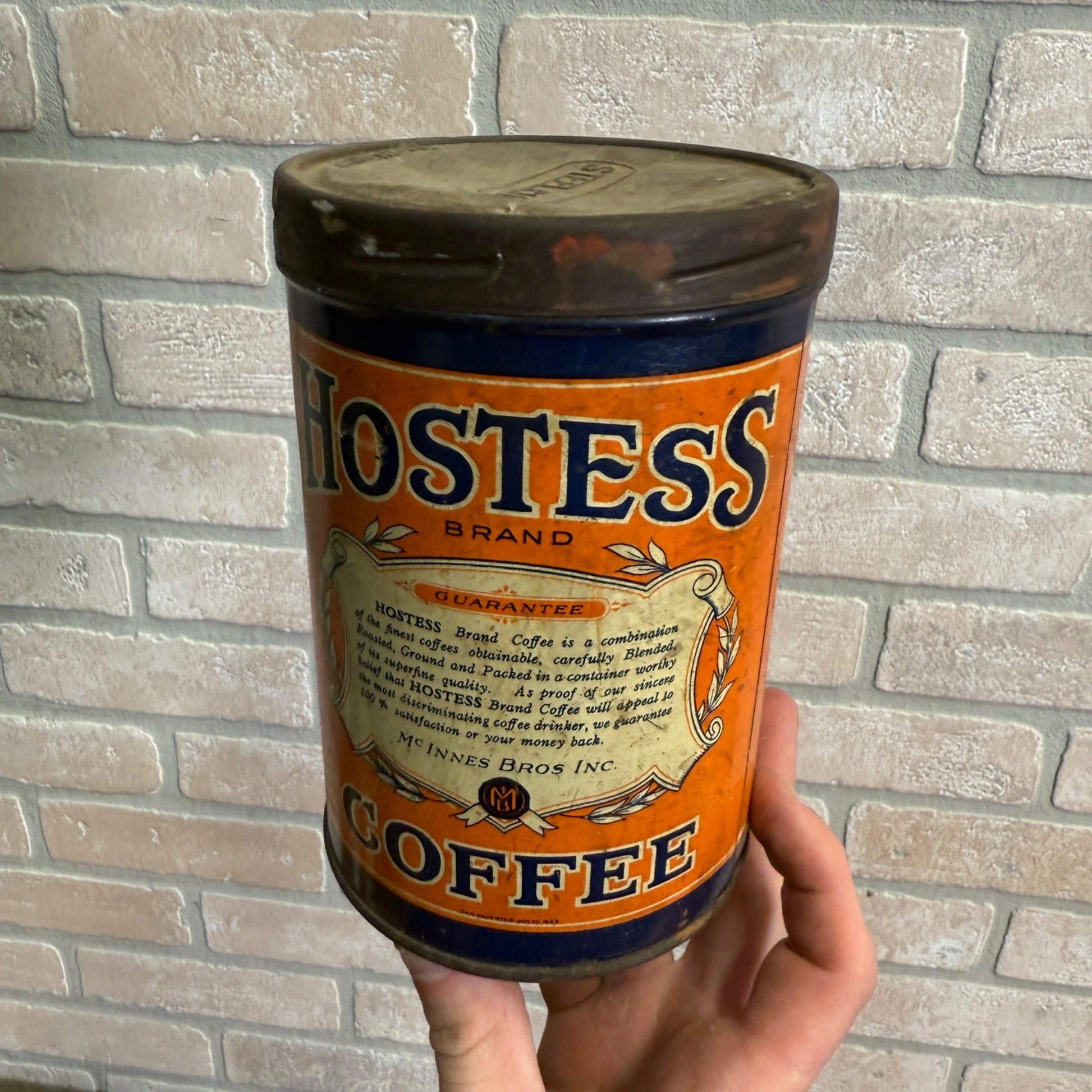 Antique Vintage Hostess Coffee Tin Can Mc innes Bros Milwaukee Wisconsin One lb.