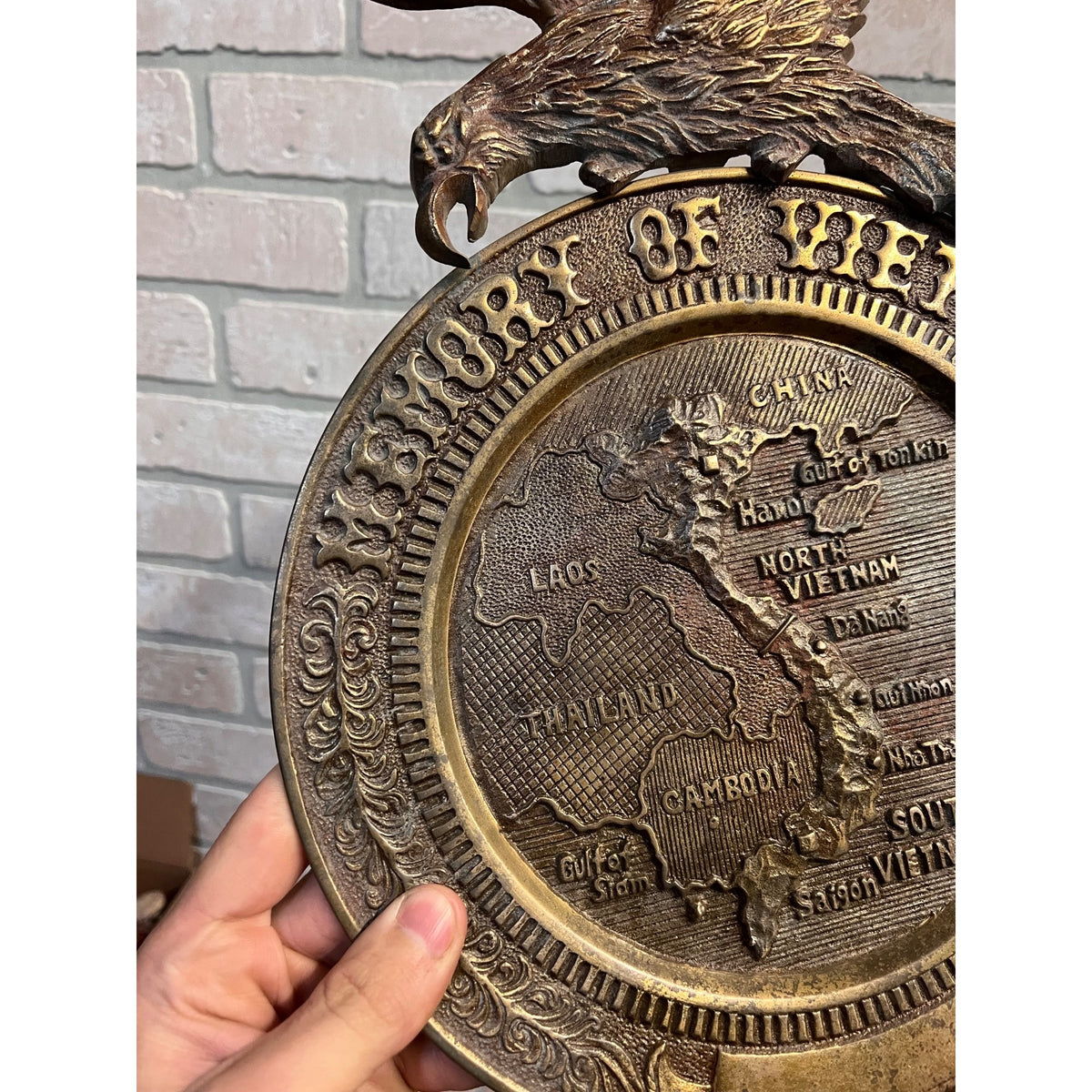 Vintage Vietnam War Brass Eagle Wall Hanging Plaque "Memory of Vietnam"