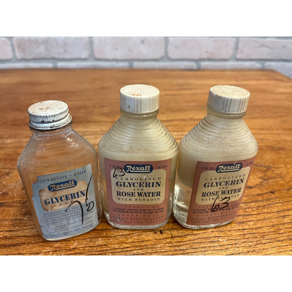 (3) VINTAGE REXALL DRUG COMPANY GLYCERIN AND ROSE WATER GLASS BOTTLE METAL TOP/LID