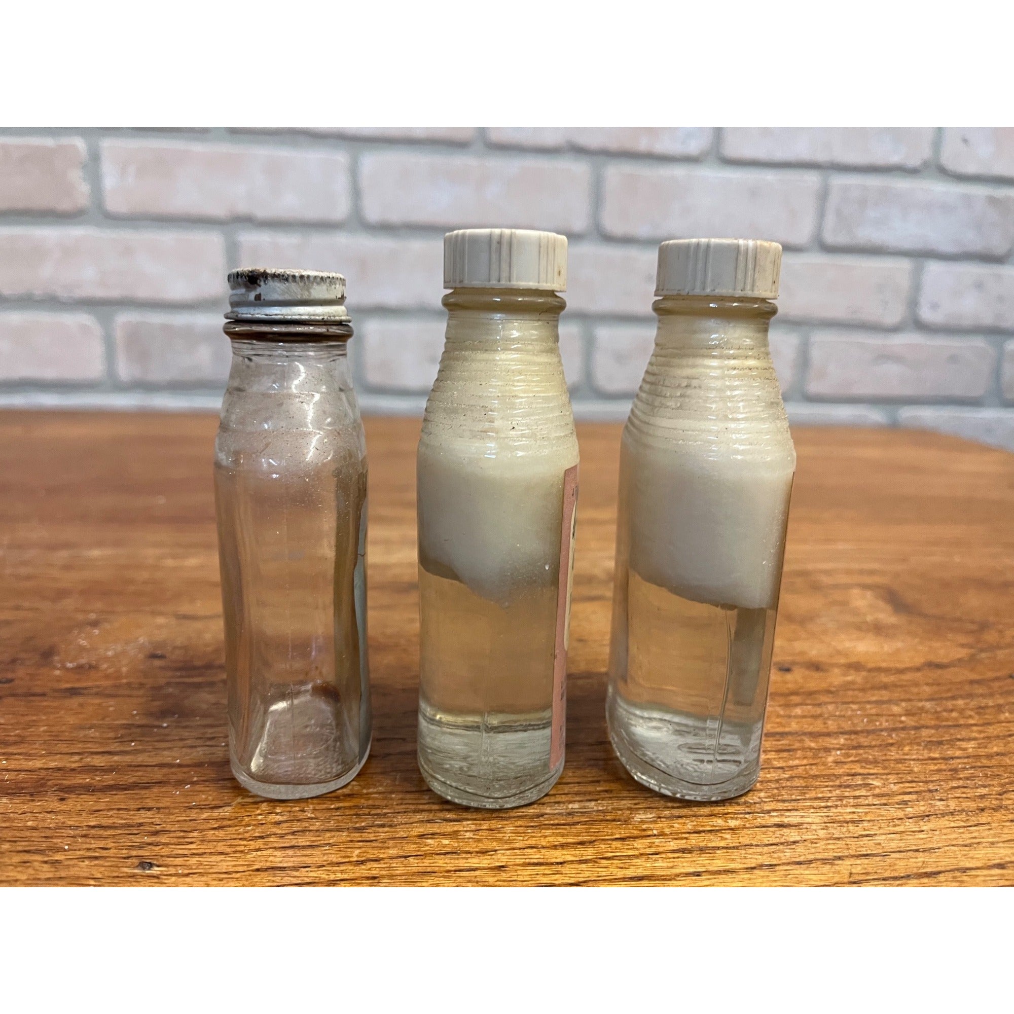 (3) VINTAGE REXALL DRUG COMPANY GLYCERIN AND ROSE WATER GLASS BOTTLE METAL TOP/LID