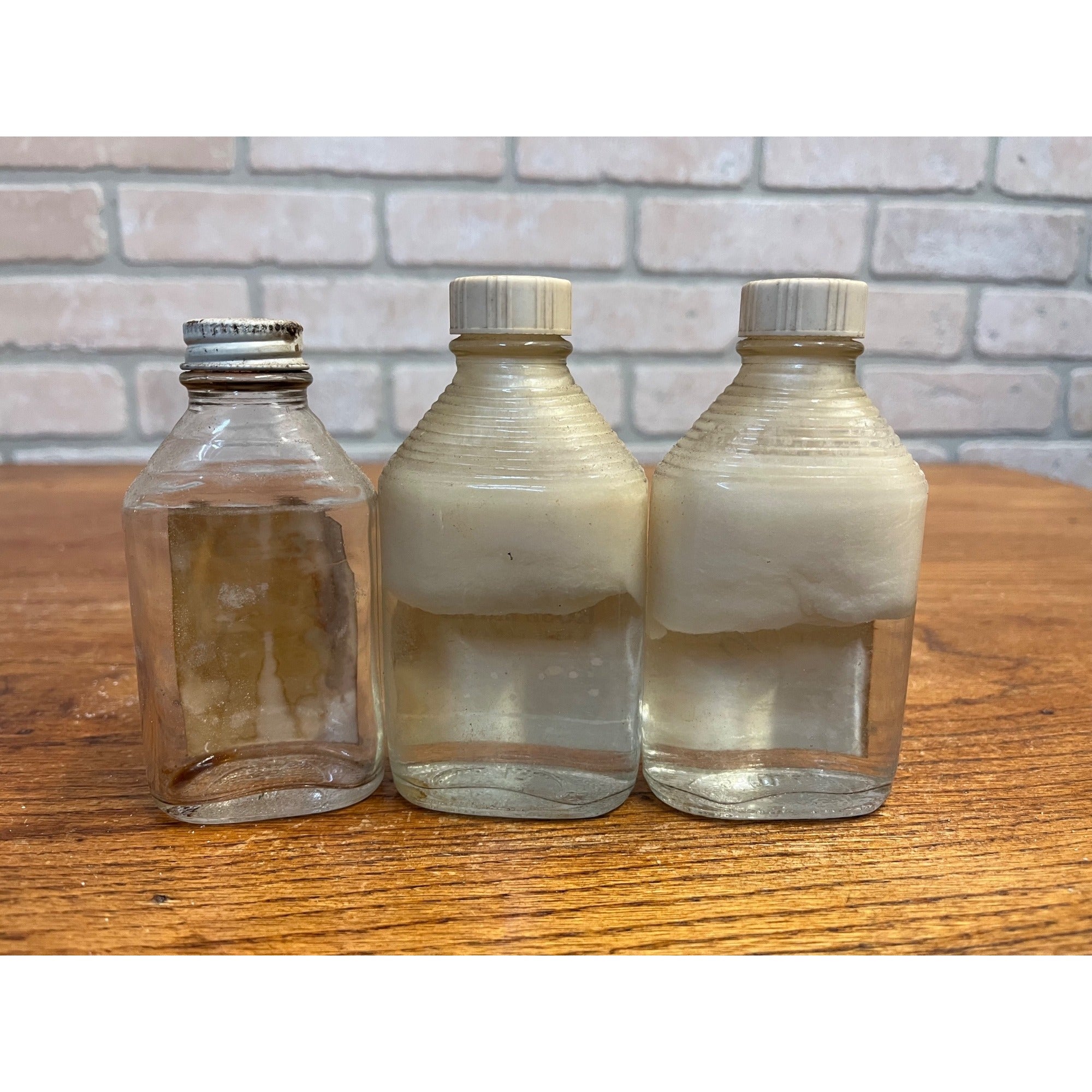 (3) VINTAGE REXALL DRUG COMPANY GLYCERIN AND ROSE WATER GLASS BOTTLE METAL TOP/LID