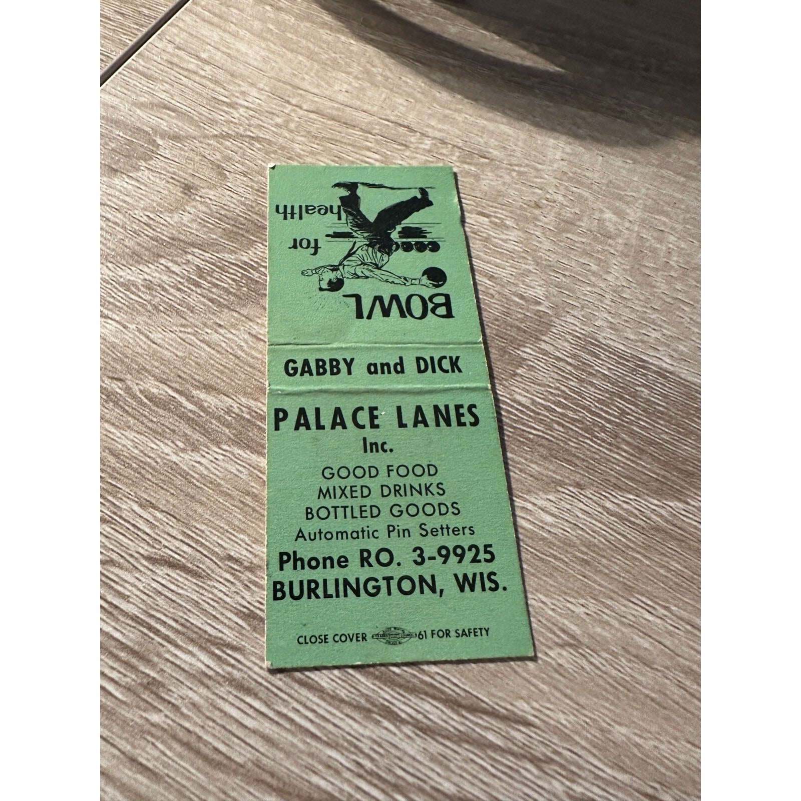 Vintage Palace Lanes Burlington Wisconsin Advertising Matchbook
