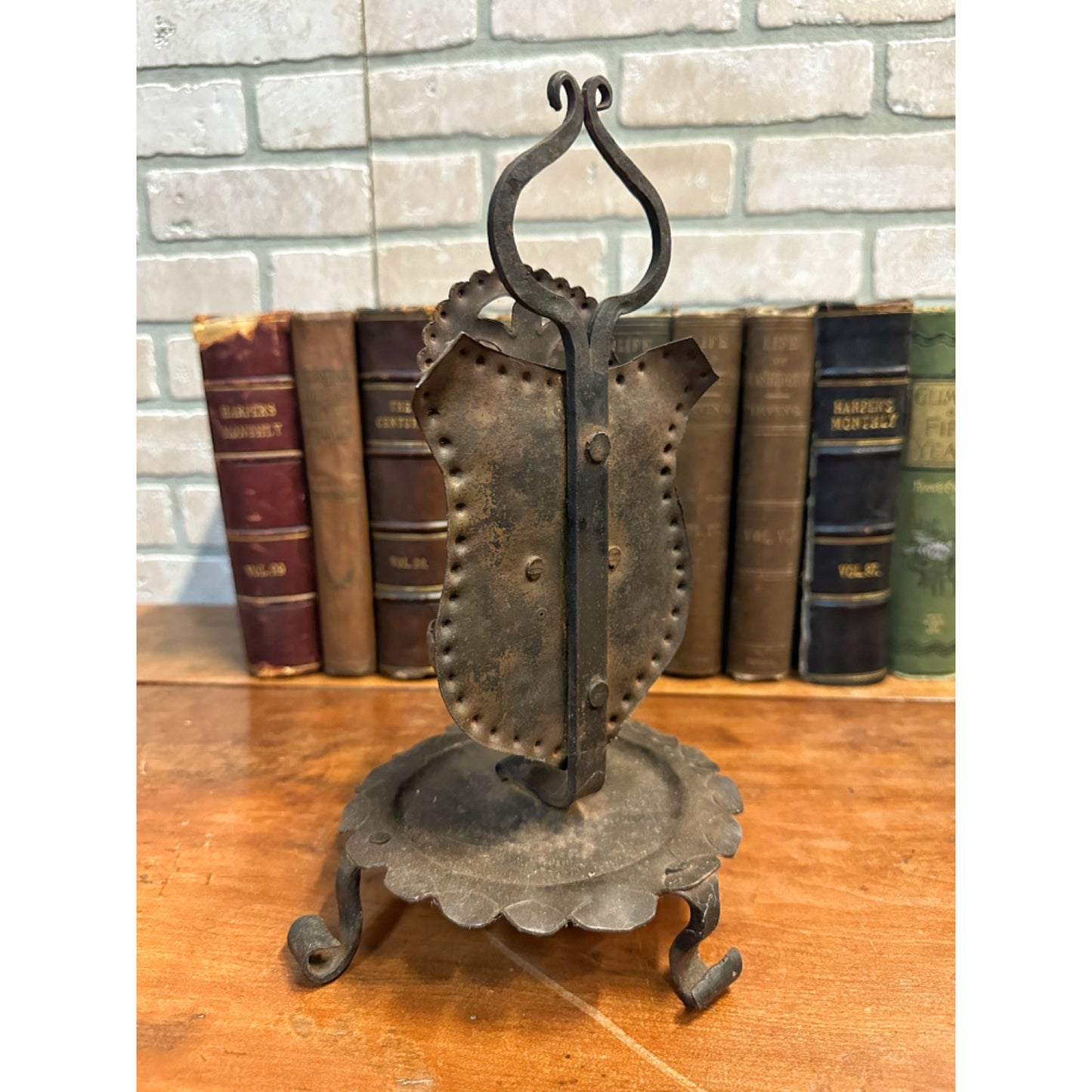 Antique Primitive Hammered Metal Candle Burner Tabletop Legged Farmhouse