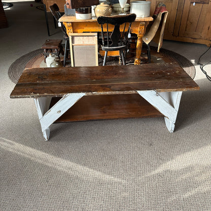Antique Primitive Wooden White Bench Stool Planter Table