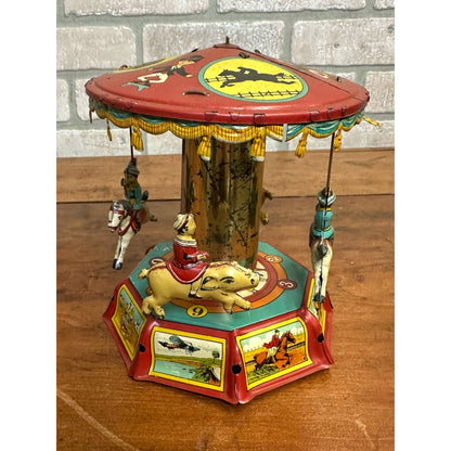 Vintage Tin Litho Toy Windup Musical Carousel German? Horse & Pigs