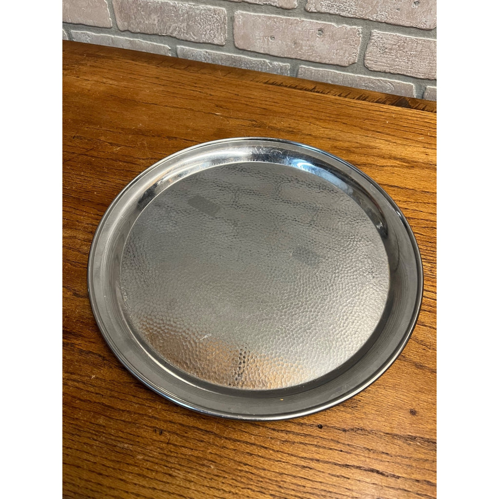 Vintage 1960s MCM Stainless Serving Round Hammered Tray Olde Hall 13.75"