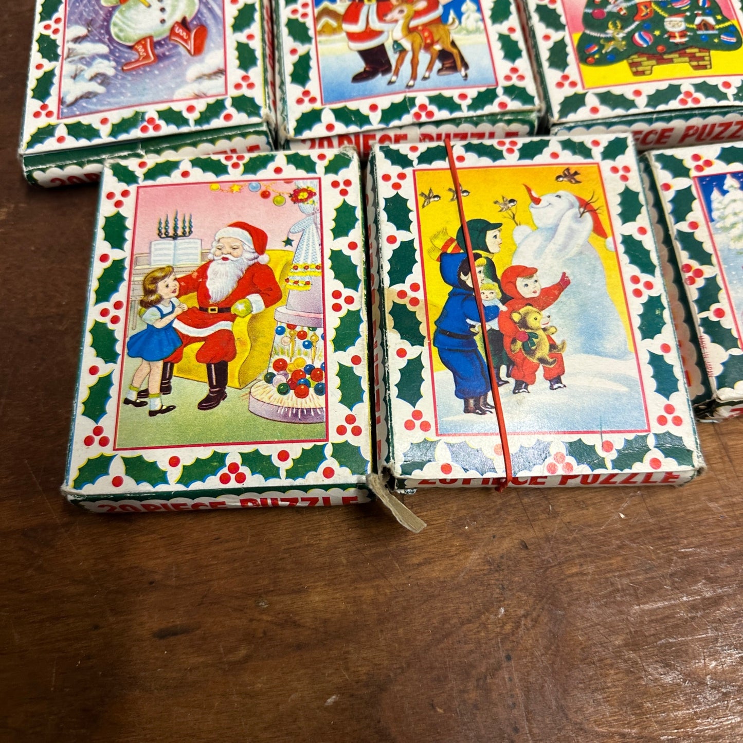 Vintage 1950s Christmas 20-Piece Puzzles Lot (7) Boxes - Japan - Santa Tree ++