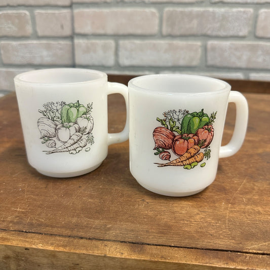 Vintage (2) Glasbake Milk Glass Vegetable Harvest Pattern Stackable Mugs