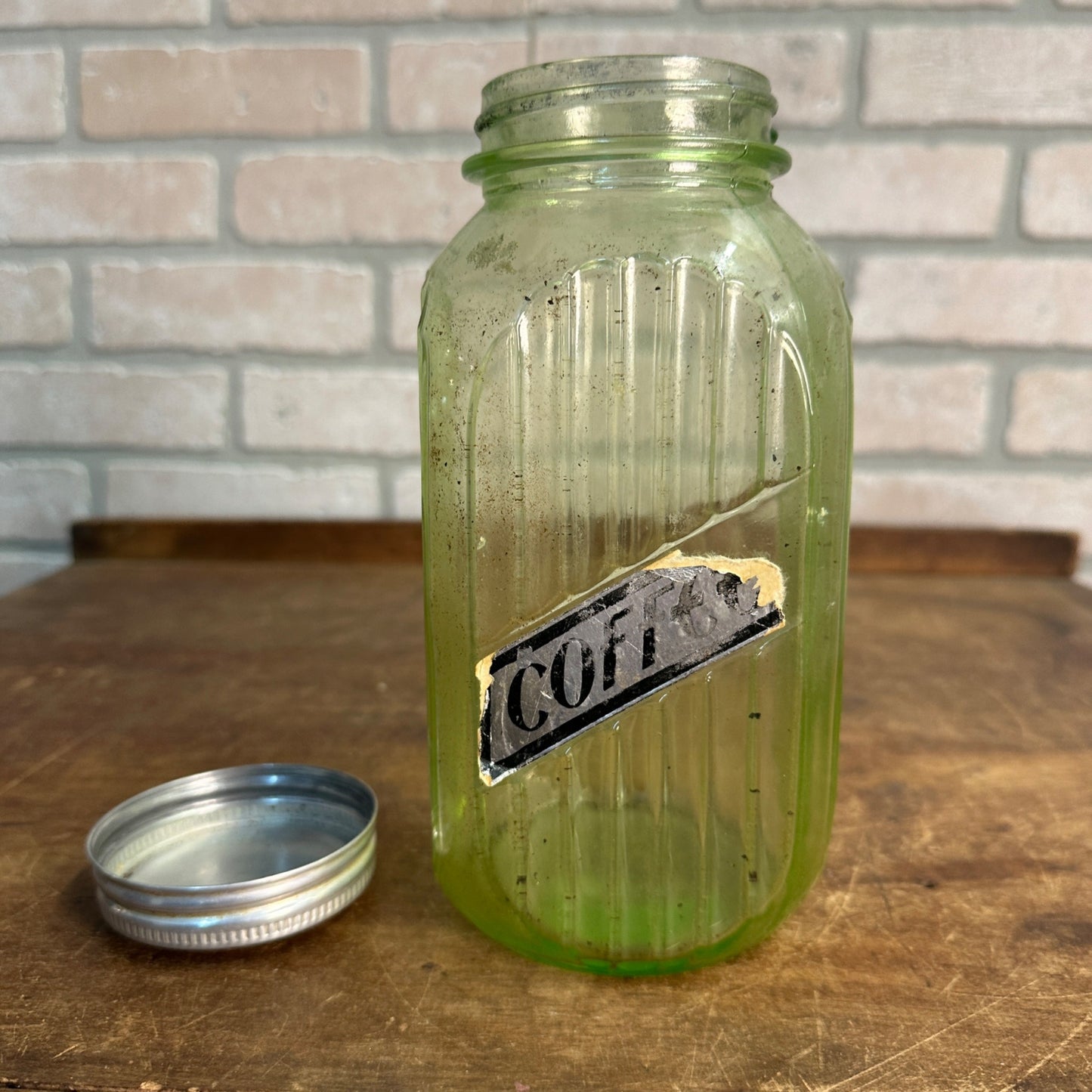 Antique 1920's Uranium Green Hoosier Canister Hocking Jar Coffee 8" Ribbed Glows