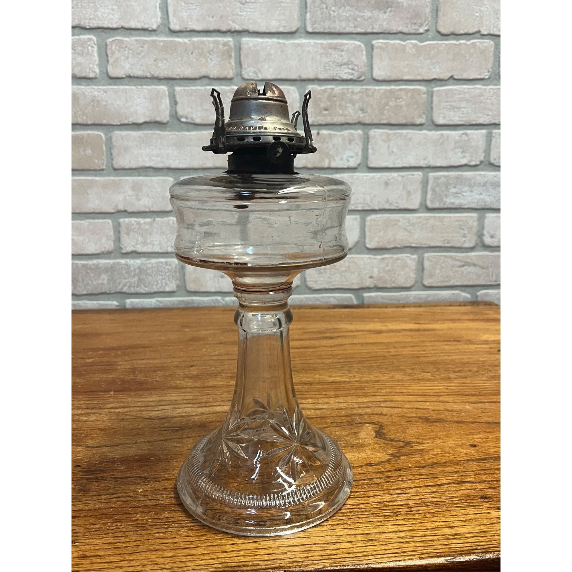 Antique 1890s EAPG Kerosene Oil Lamp Burner w/ Star Design Pedestal Farmhouse
