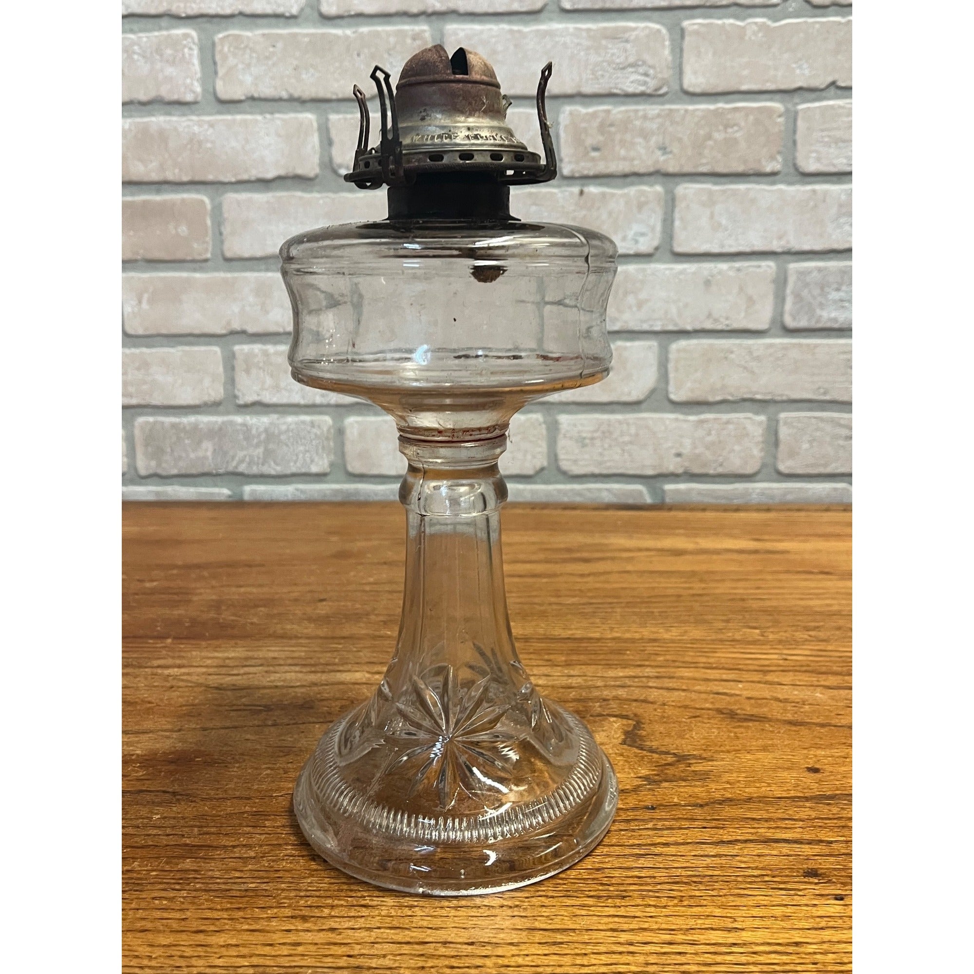 Antique 1890s EAPG Kerosene Oil Lamp Burner w/ Star Design Pedestal Farmhouse