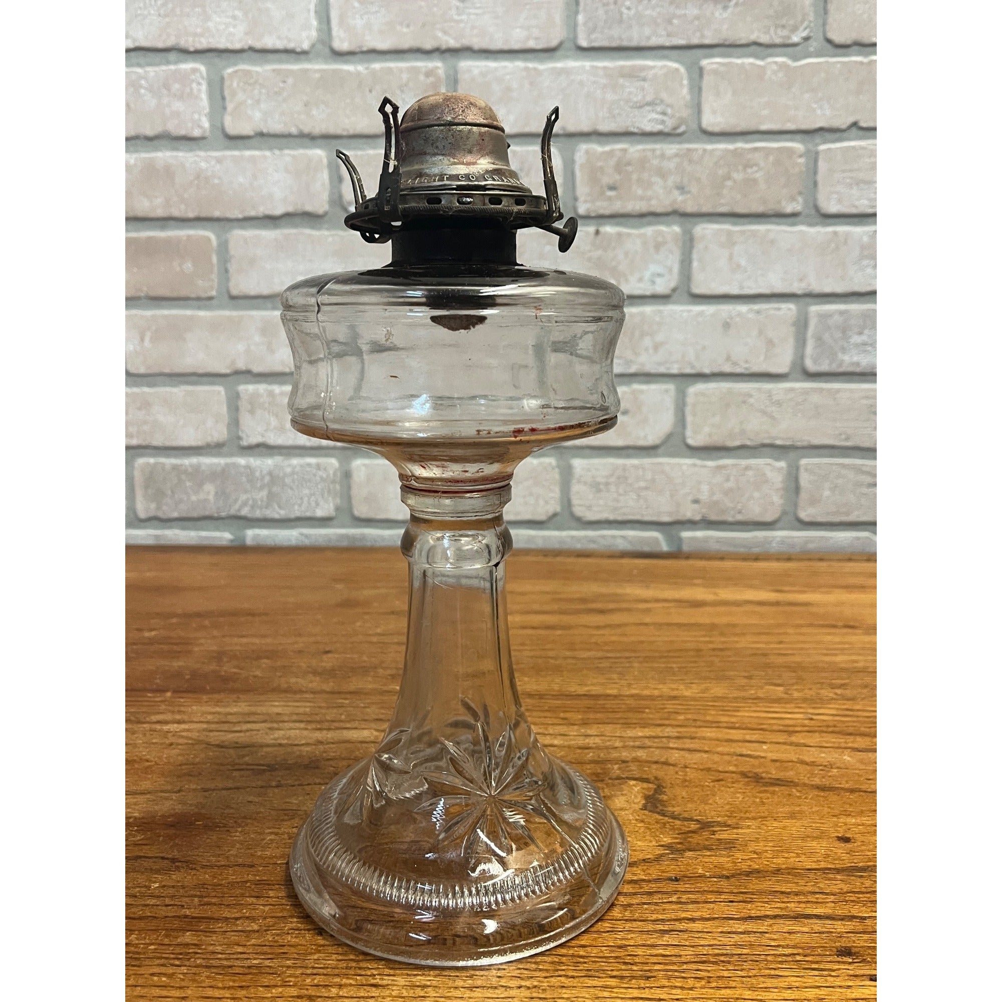 Antique 1890s EAPG Kerosene Oil Lamp Burner w/ Star Design Pedestal Farmhouse