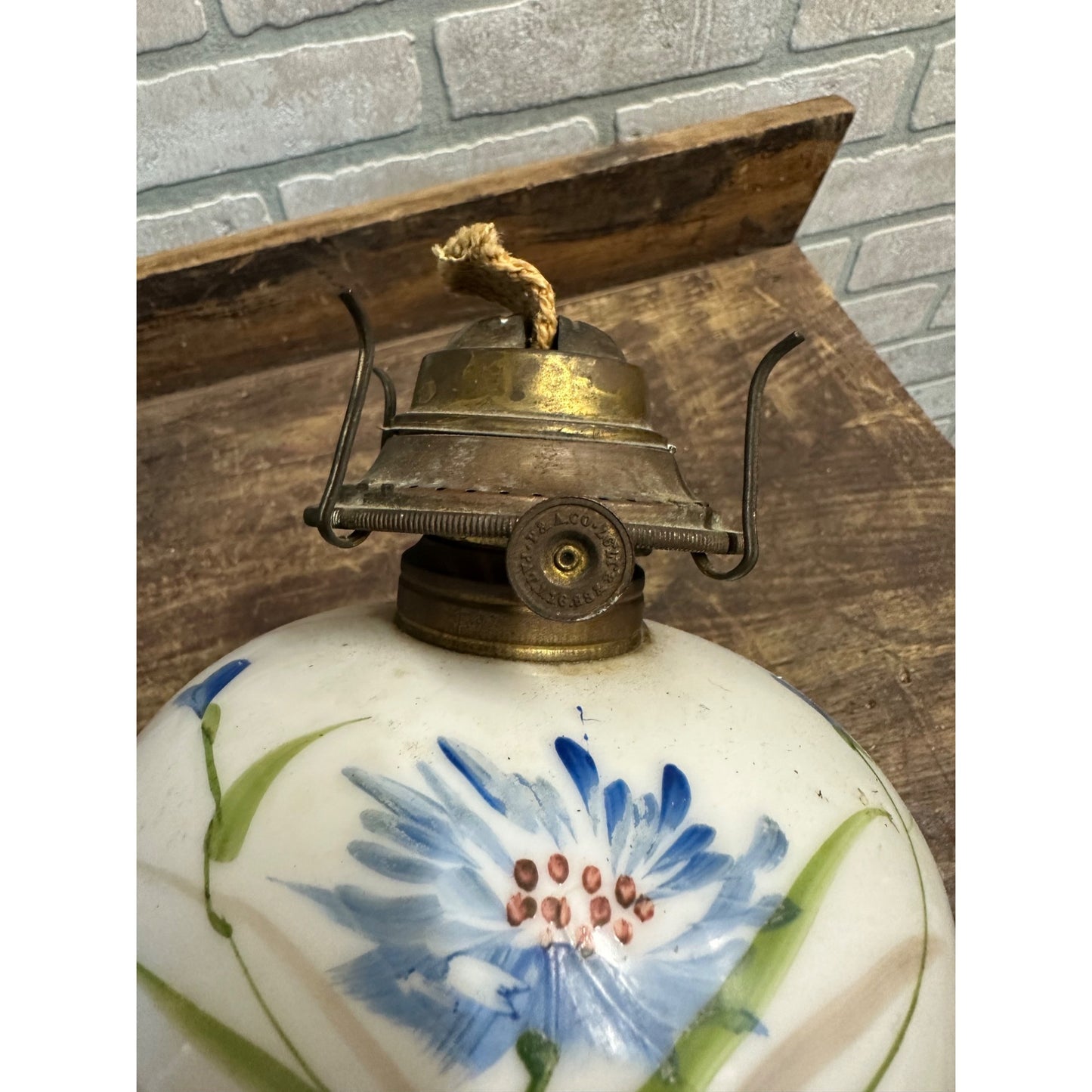 Antique Victorian Era Handpainted Milk Glass Oil Kerosene Lamp Blue Flowers Cast