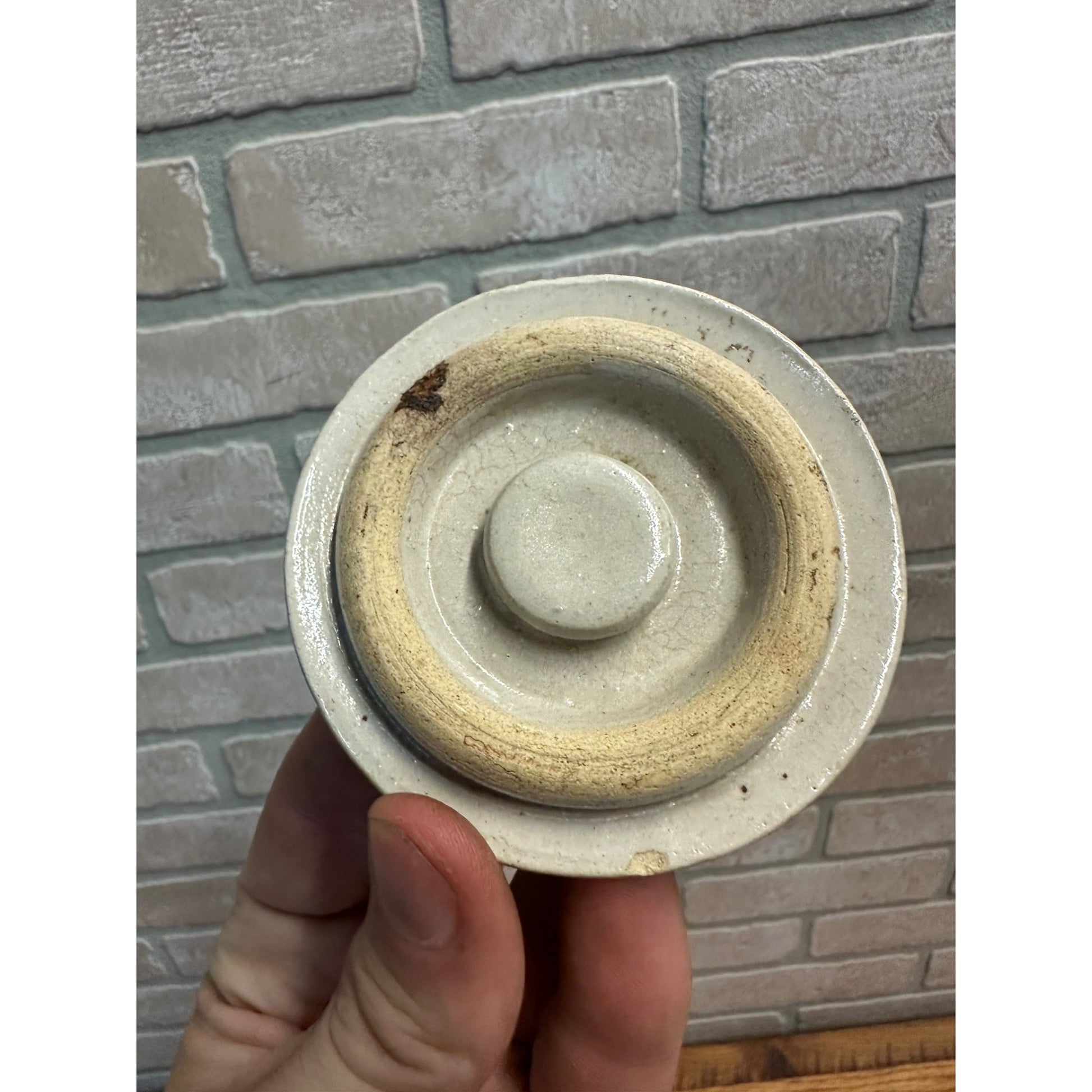 Antique Primitive Stoneware Preserves Jar 3.25" Lid Cover Crock Snuff White