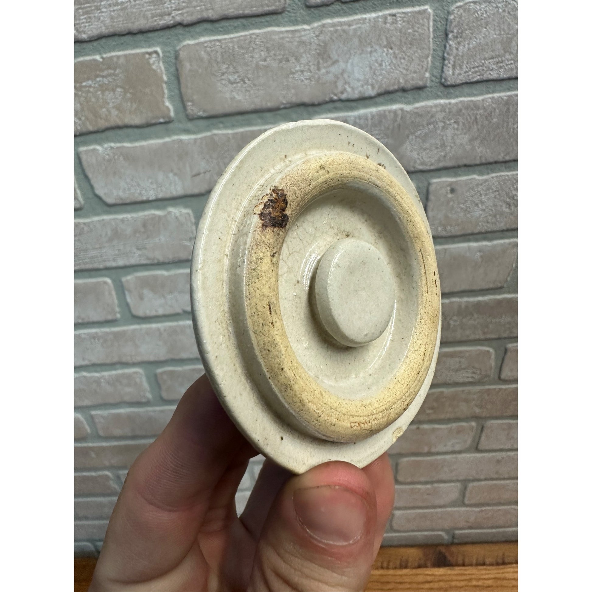 Antique Primitive Stoneware Preserves Jar 3.25" Lid Cover Crock Snuff White