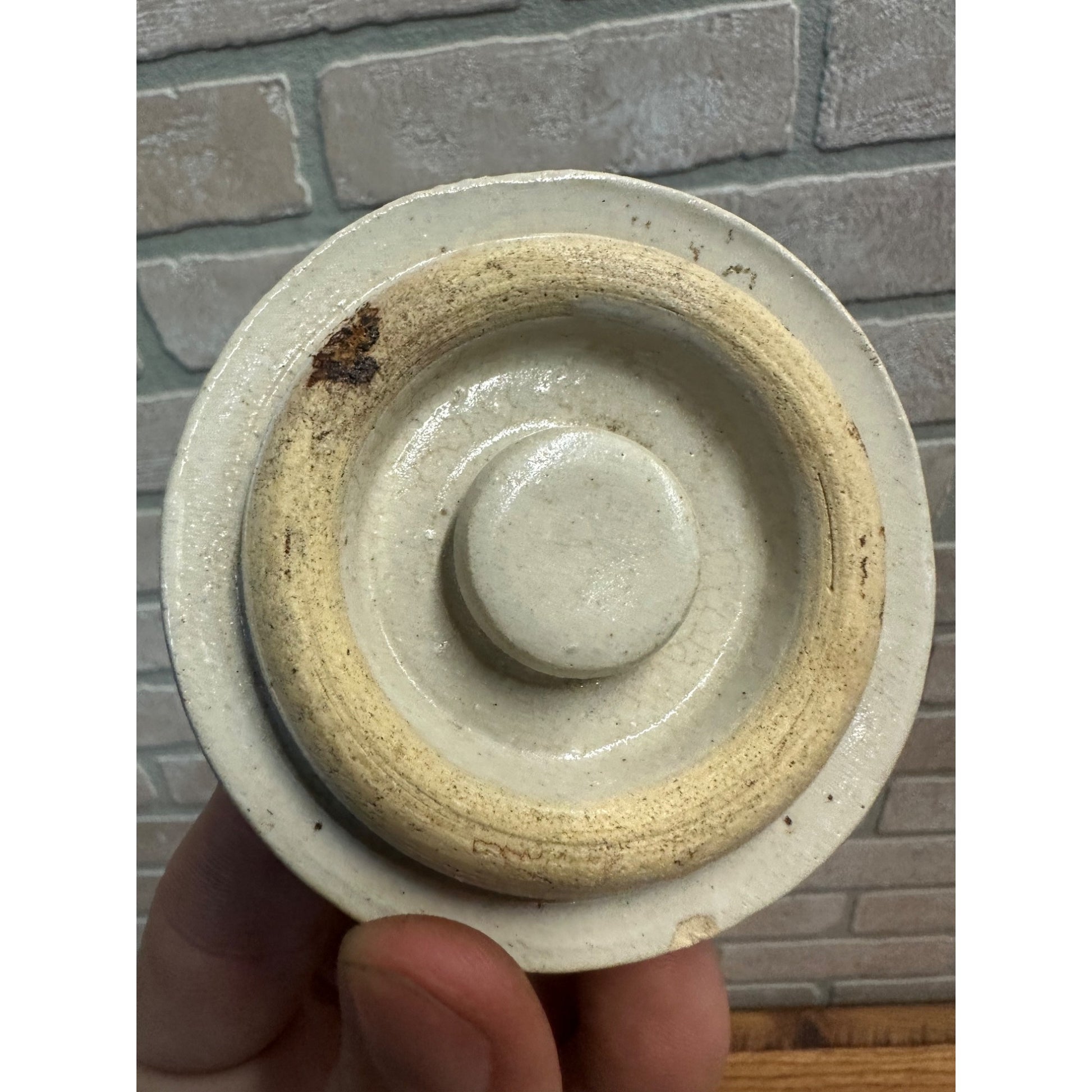 Antique Primitive Stoneware Preserves Jar 3.25" Lid Cover Crock Snuff White