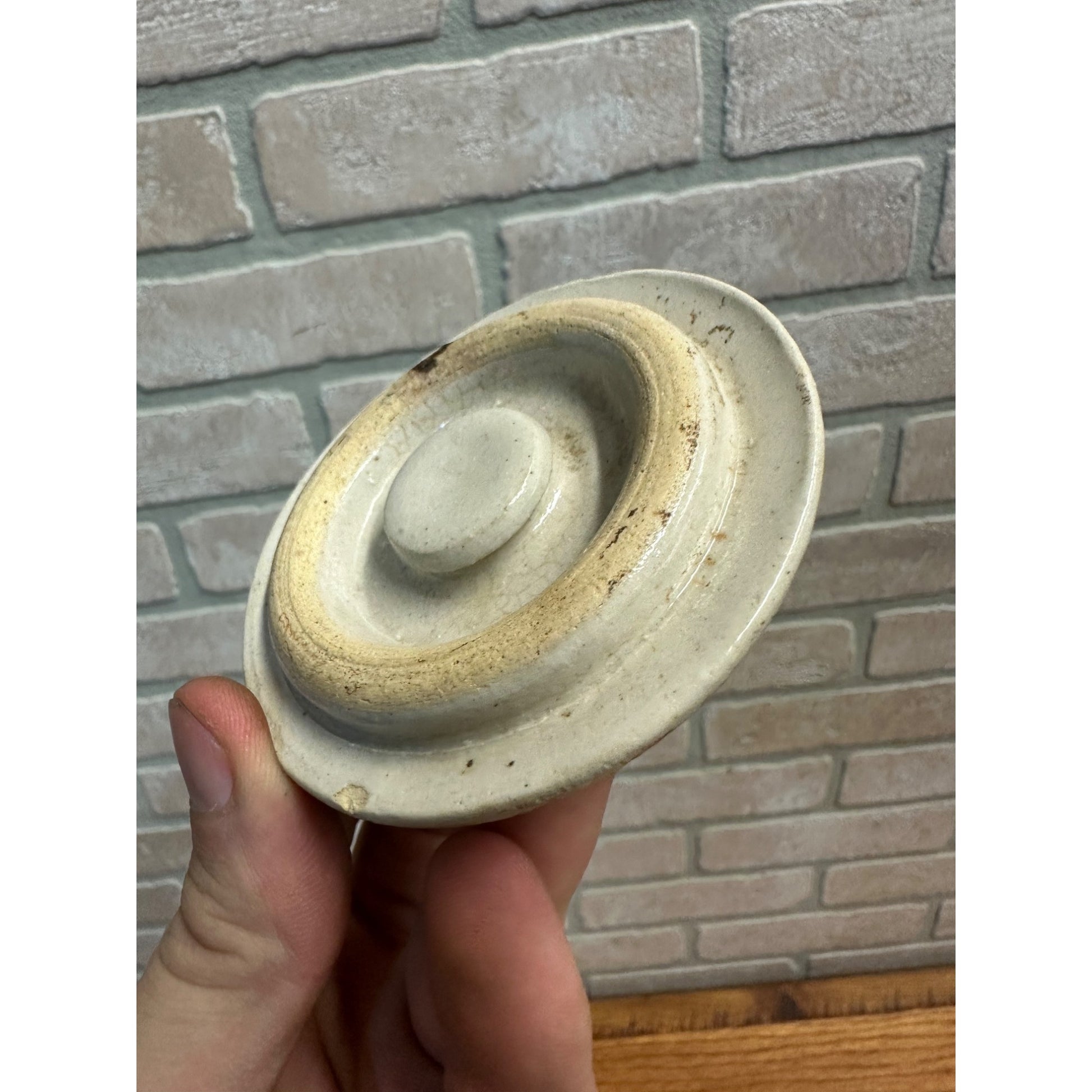 Antique Primitive Stoneware Preserves Jar 3.25" Lid Cover Crock Snuff White