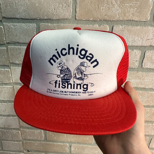 1983 MICHIGAN FISHING COMEDIC FUNNY RED WHITE RETRO SNAPBACK HAT