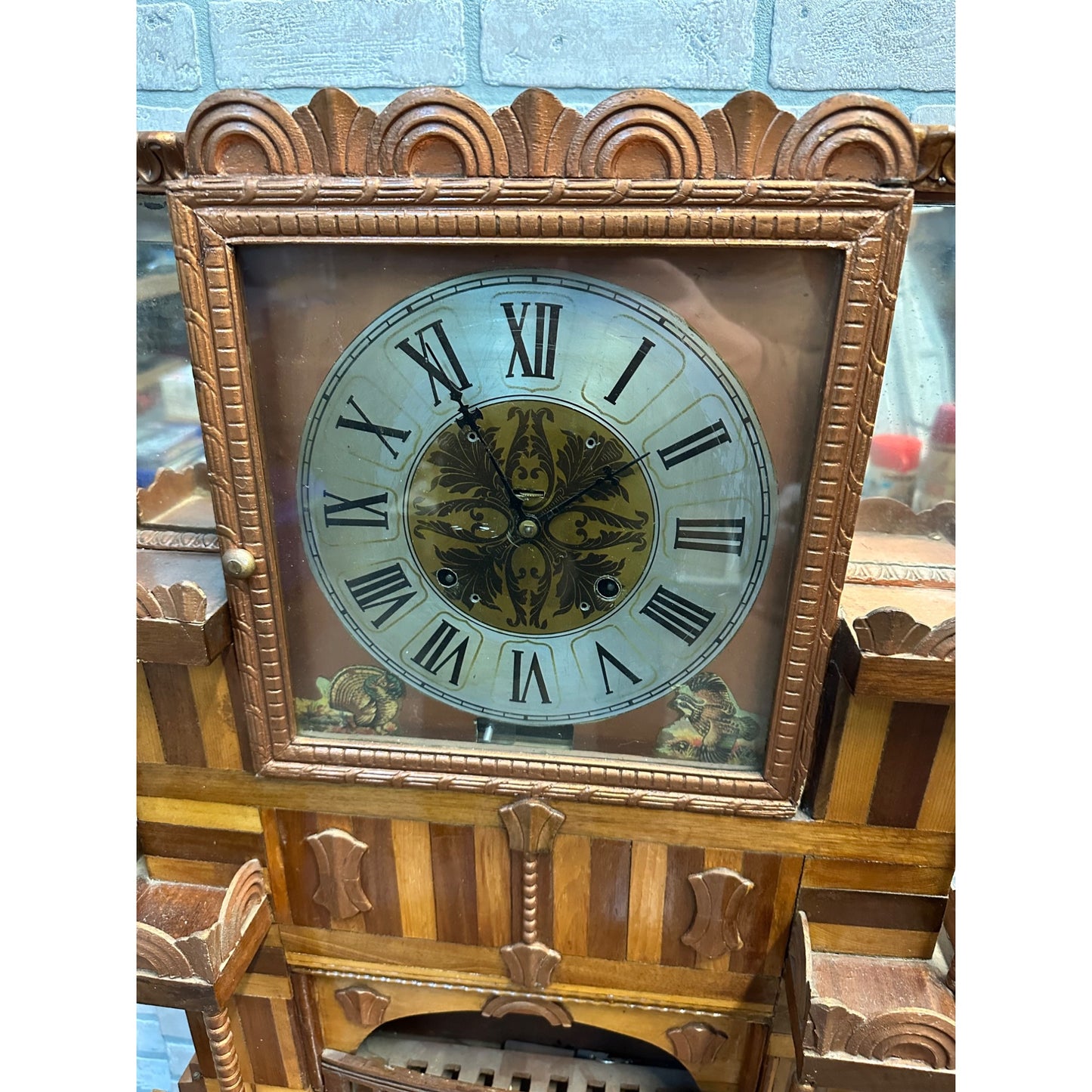 Vintage 1950s Tramp Art / Folk Art Large Ornate Clock w/ Mirrors