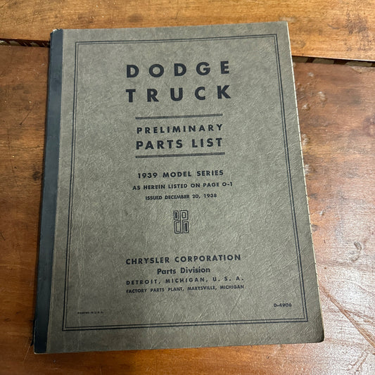 Vintage Dodge Truck Parts List Book - 1939 Models - Chrysler Corp Catalog