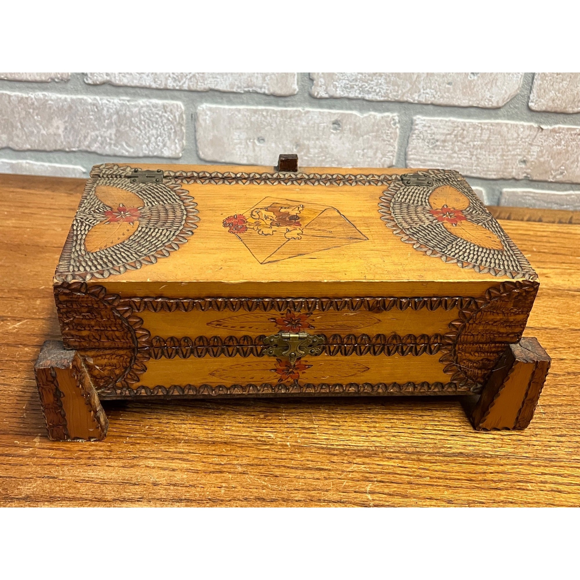 Antique Tramp Art Dresser Jewelry Box Mirrored Chip Carved Folk Art AAFA Primitive
