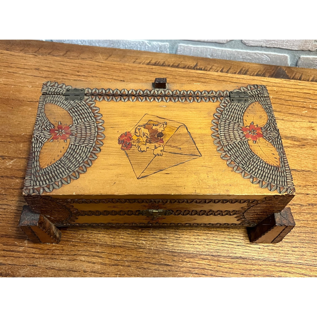 Antique Tramp Art Dresser Jewelry Box Mirrored Chip Carved Folk Art AAFA Primitive